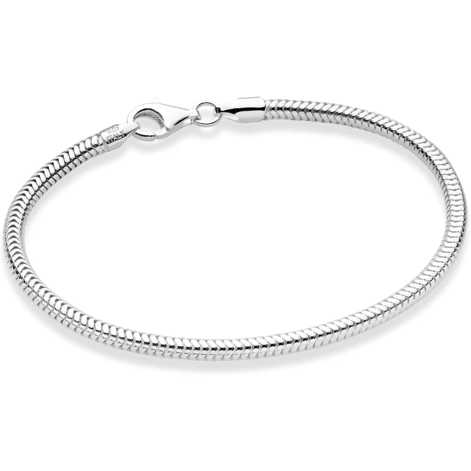 Chain Jewelry for Women, Italian 3mm Snake Chain in Solid Metal 925 Sterling, Ideal for Sensitive Skin, Miabella, Daily, Handcrafted, Retro Look, Bracelet, Female, Round Links, Italy's Finest Precious Metals, Silver, Bracelet Stacking