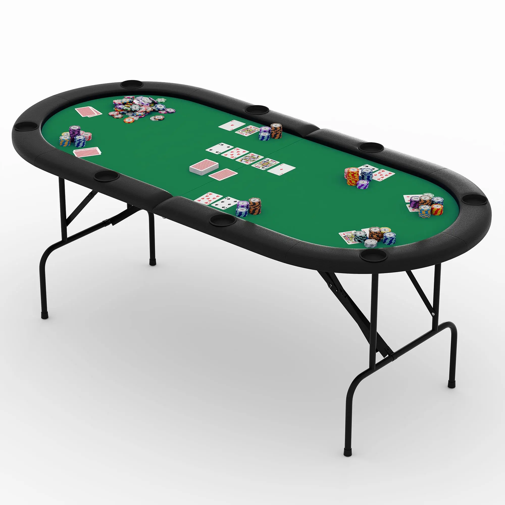 8 Player Oval Foldable Poker Tables, Casino Style Card Table with 8 Cup Holders & Non-Slip Feet, Portable Game Table for Texas Holdem, Blackjack & Dominoes, Perfect for Living Room,Green/Blue/Black