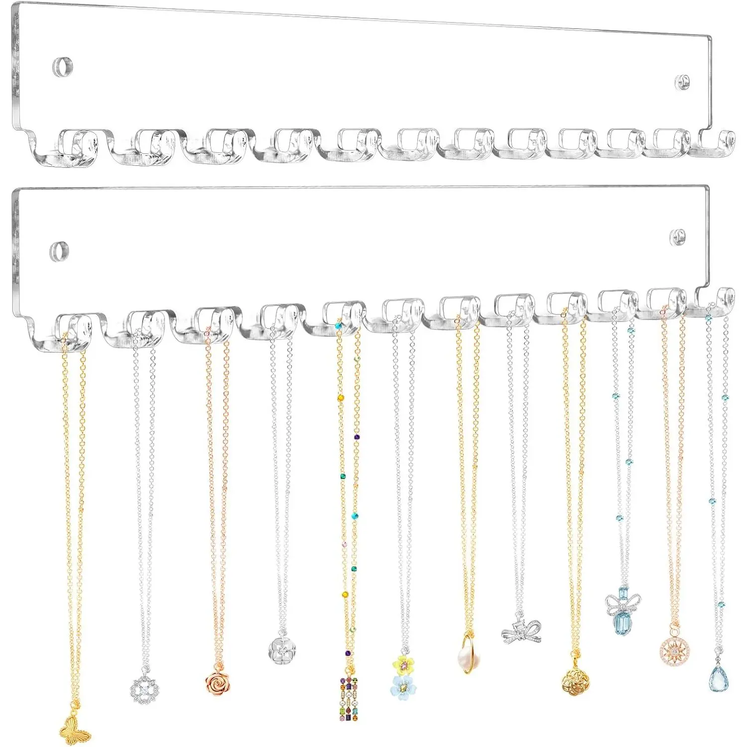 Necklace Holder 2 Pack Wall Mounted Necklace Organizer   Organizer with 12 Hooks for Necklaces, Bracelets, Rings and Bangles Display