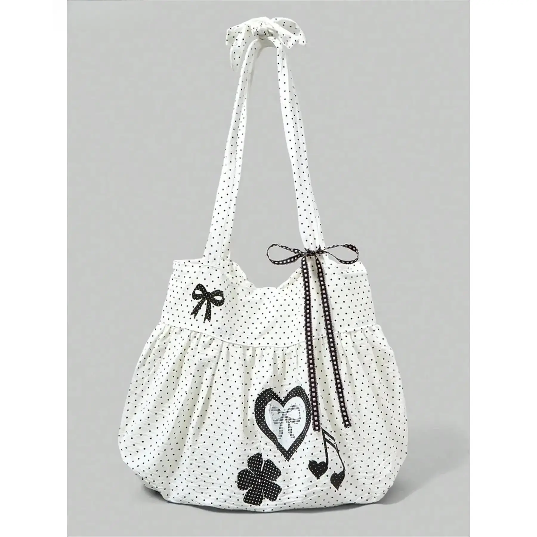 Women's Cute Bow Tote Bag – Vintage Heart Polka Dot Floral Embossed Shoulder Bag, Large Capacity Laptop Tote (fits 13–16"), Y2K coquette style handbag for work, school, travel, daily commute, summer, Tote Bags, Work Bags For Women