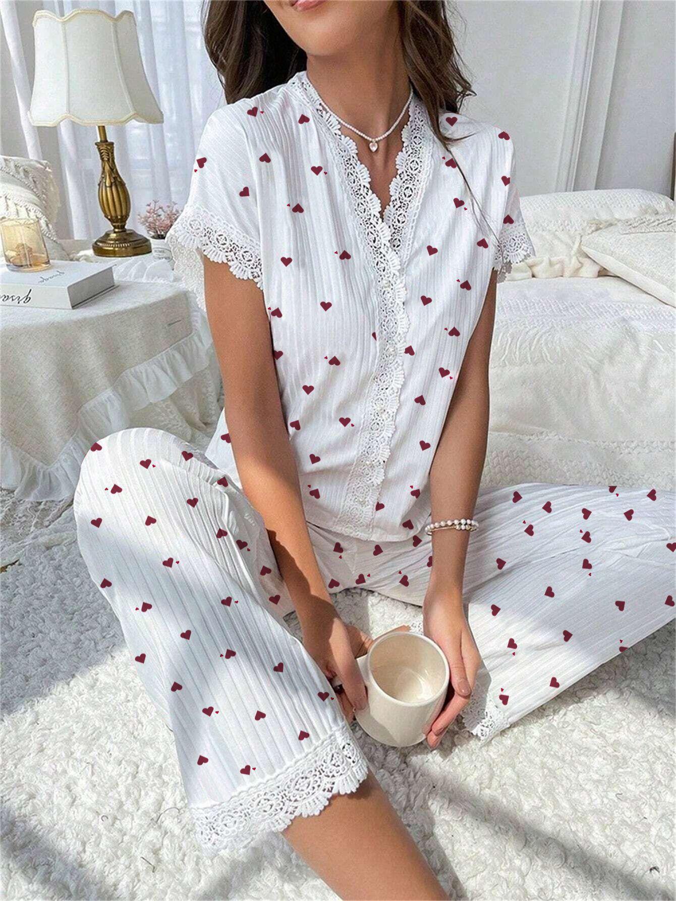 Cherry Print Short-Sleeve Collared Pajama Set for Women Oversized Style with Matching Pants