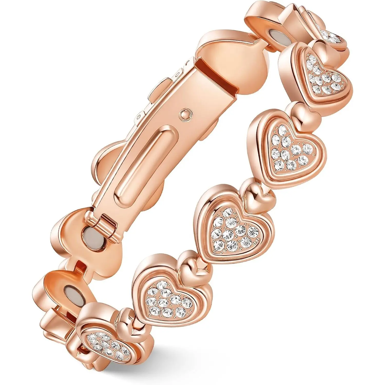 Women's Rose Gold Pure Copper Open Heart Bracelet - 3800 Gauss Strong Magnet Bangle, 7.09in(18cm) Bejeweled Austrian Crystals, Heart Shape Everyday Circular Metal Bracelet & Bangle Accessory