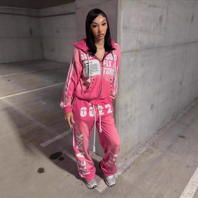 2026 Hooded Sweatshirt Set Fashion Casual Long Pants Printed Hip Hop Rock Unisex Sweatshirt Jacket