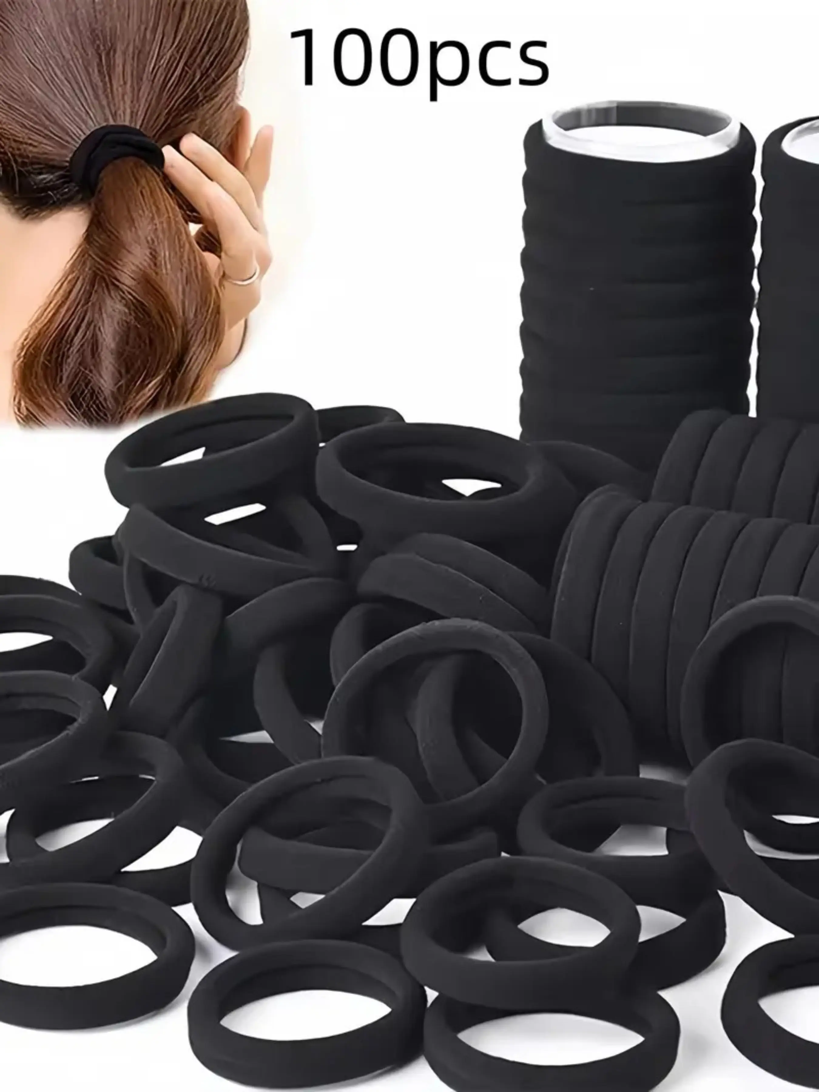 100 Pcs Black Soft Fabric Hair Ties for Women Girls, No Crease Thick Seamless Elastic Hair Bands, Non Slip Stretch Ponytail Holders, Durable Hair Scrunchies for Daily Workout Sports Hairstyle Hair Accessories