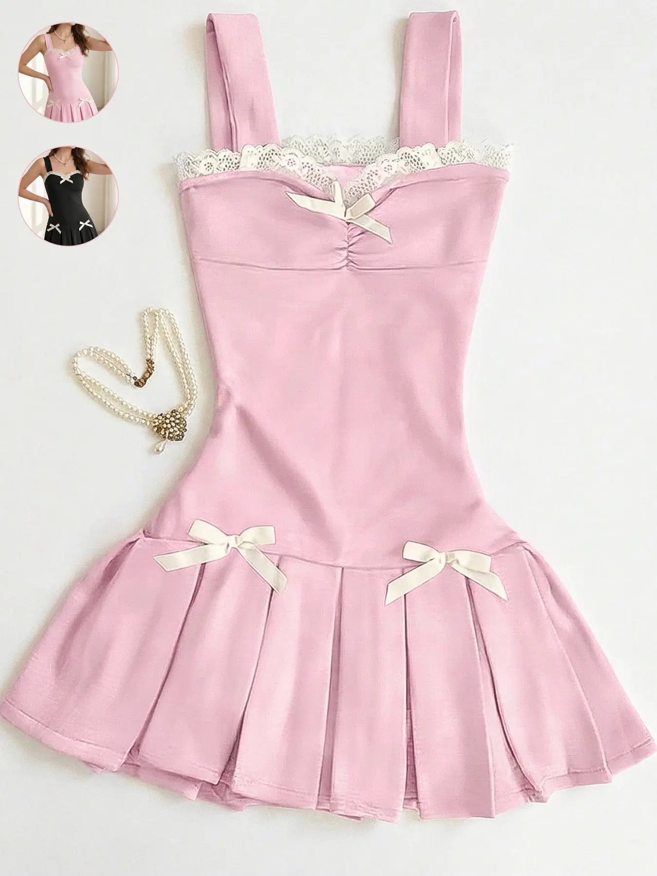 Women's Casual Cute Lace Patchwork Bow Pleated Mini Dress, Elegant Design for Daily Wear, Perfect for Special Occasions