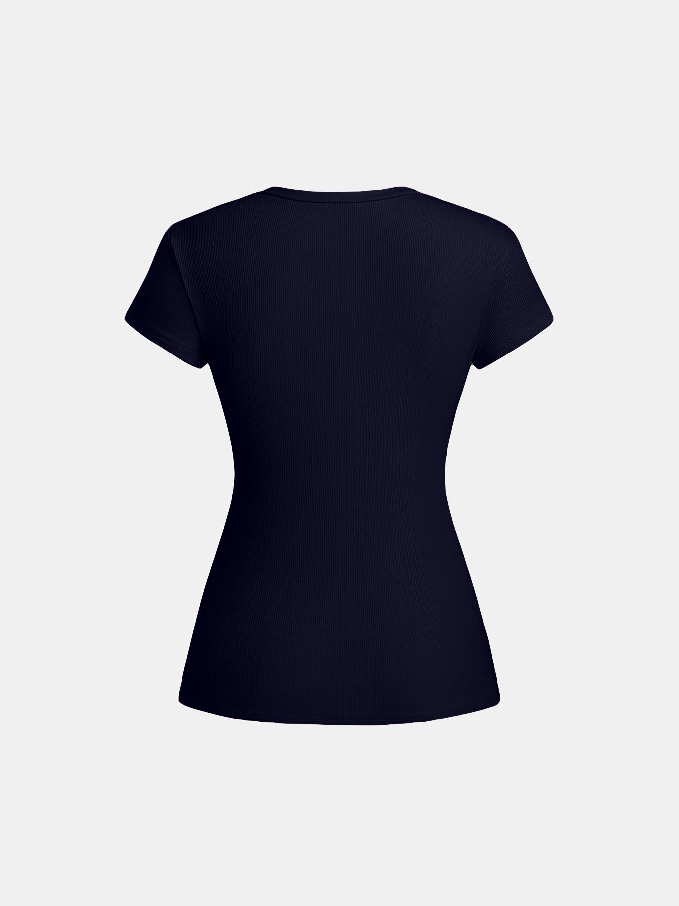 Women's Solid Color Button Fitted Basic Tee, Casual Short Sleeve Round Neck T-shirt for Daily Wear, Ladies Clothes for All Seasons