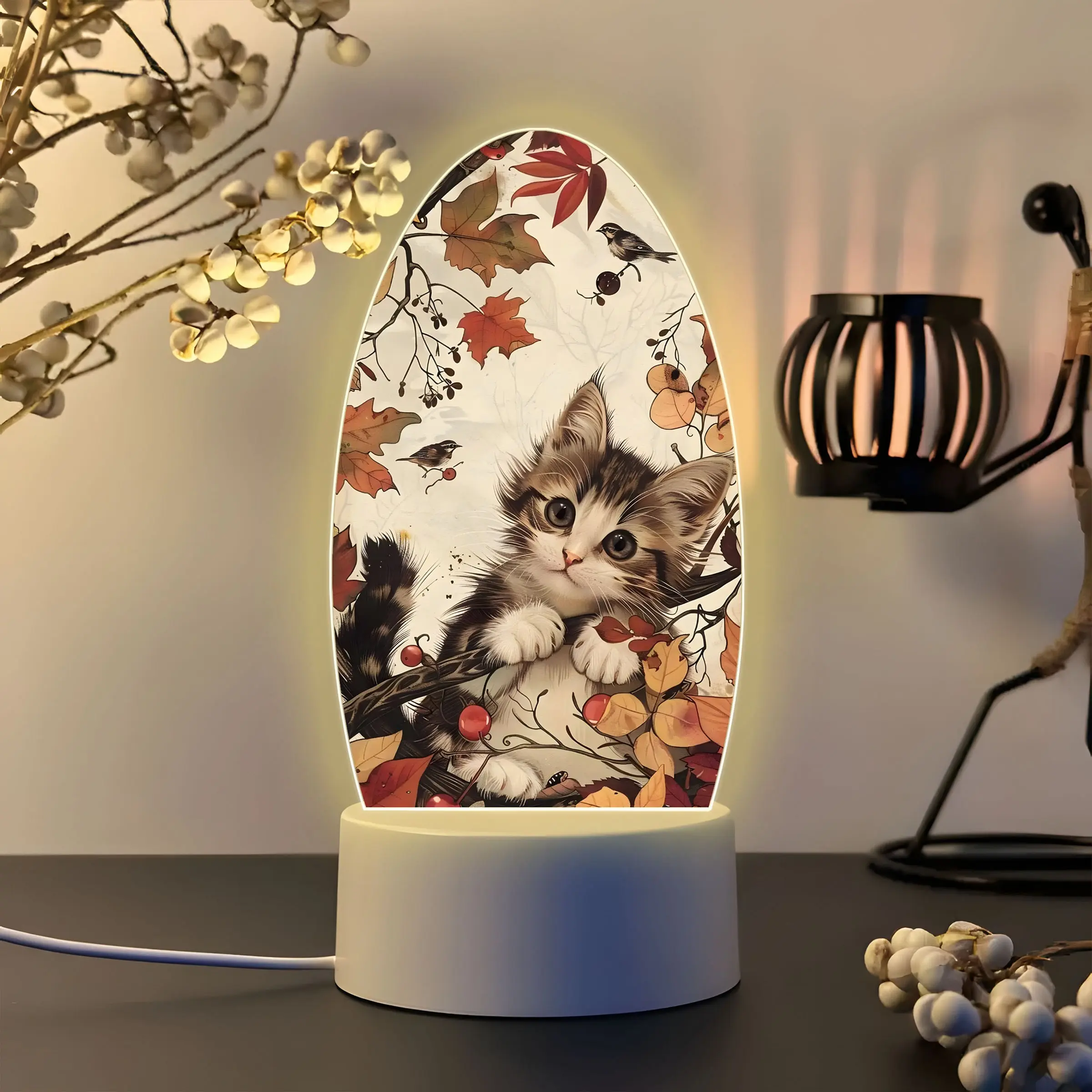 Autumn Tabby Cat Branch Acrylic Night Light, Fall Maple Leaf Bird Berry LED Desk Lamp, Farmhouse Thanksgiving Kid Bedroom Decor Gift