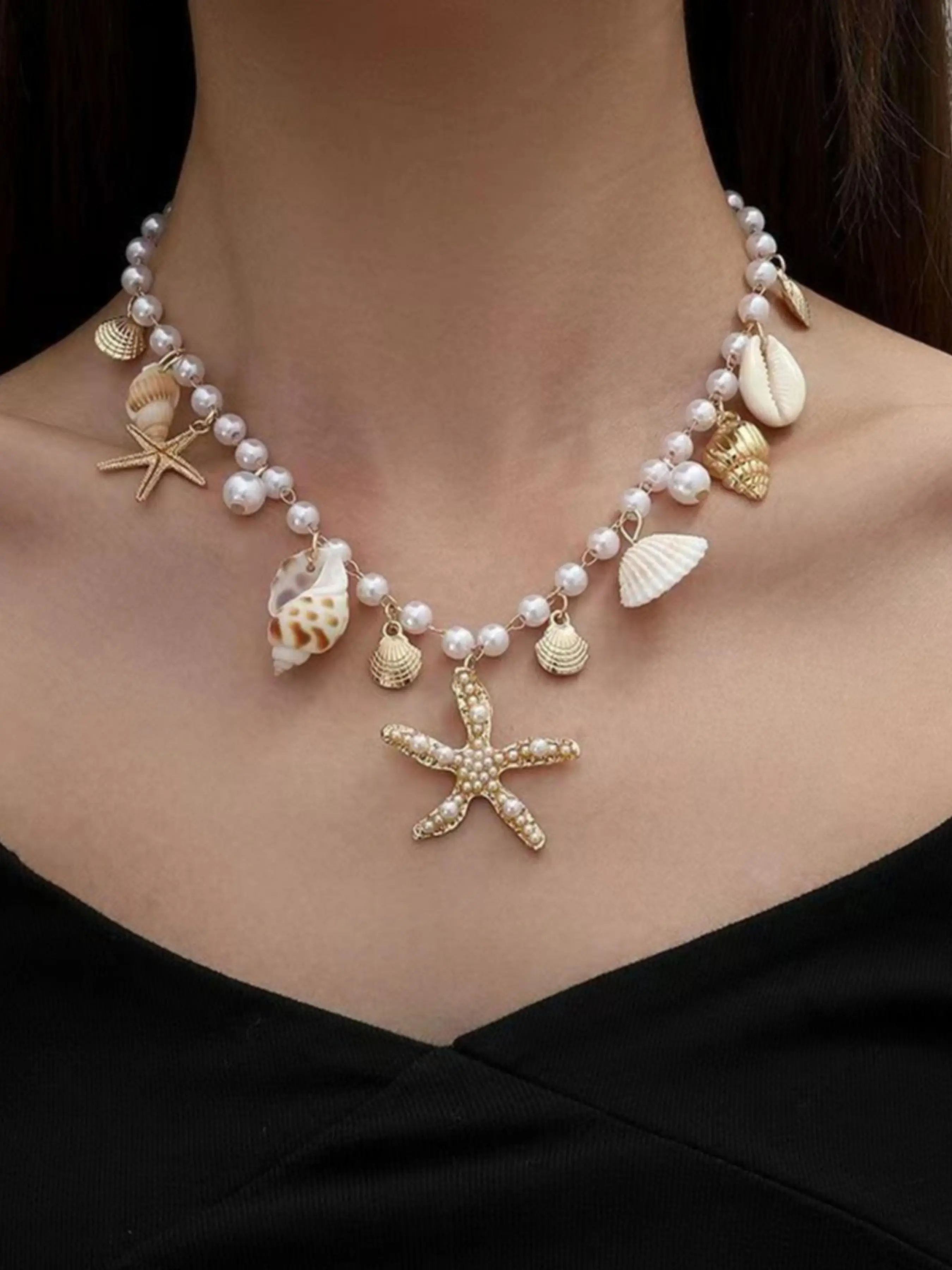 Boho Ocean Style Pearl Choker Necklace, Elegant Plain Design, Alloy Material