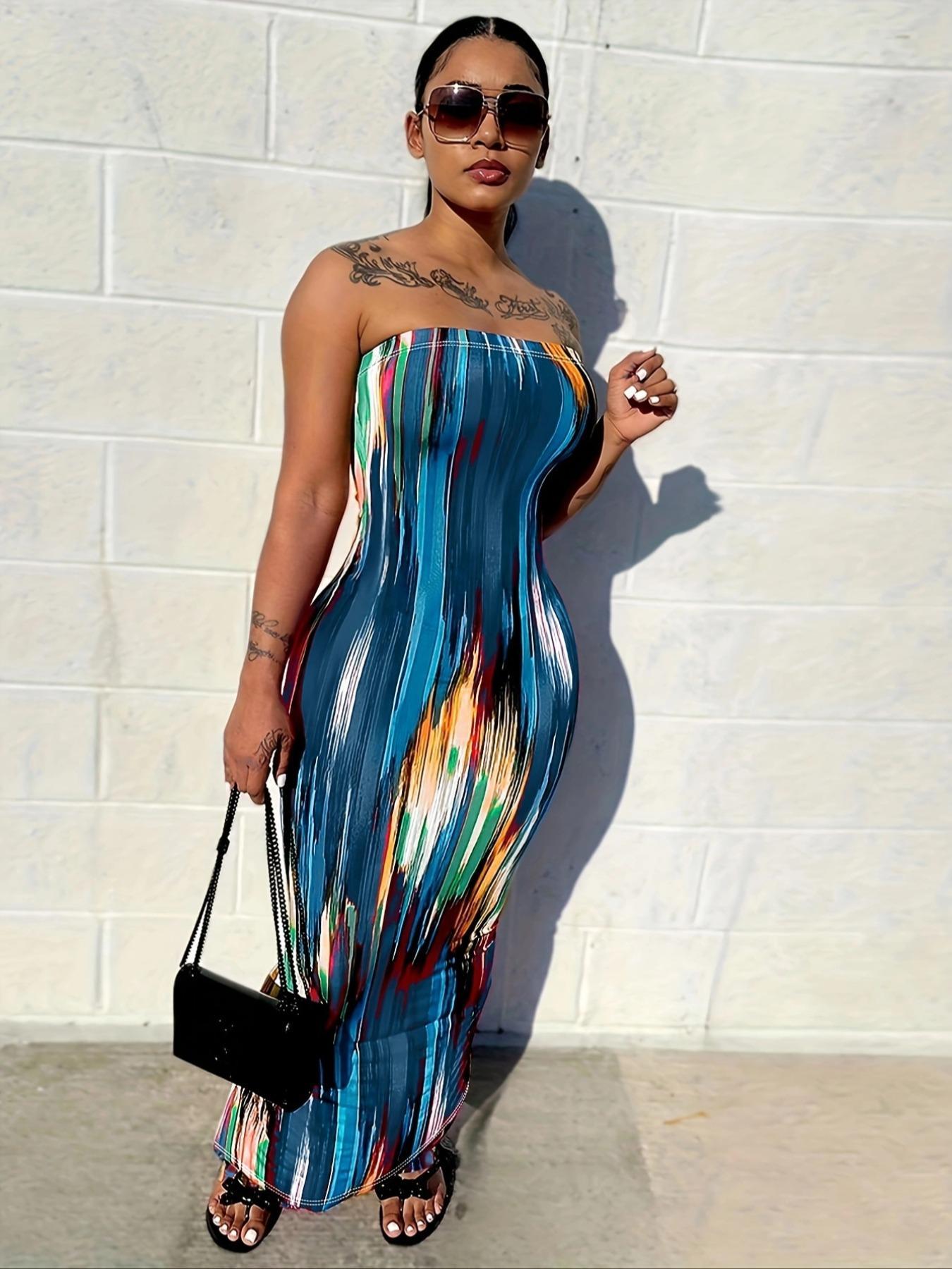Women's All Over Print Backless Split Hem Bodycon Dress, Fashion Casual Elegant Sleeveless Bodycon Sleeveless Long Tube Dress for Summer, Women's Clothing for Club Party, Summer Outfits 2024 Valentine's Day, gift