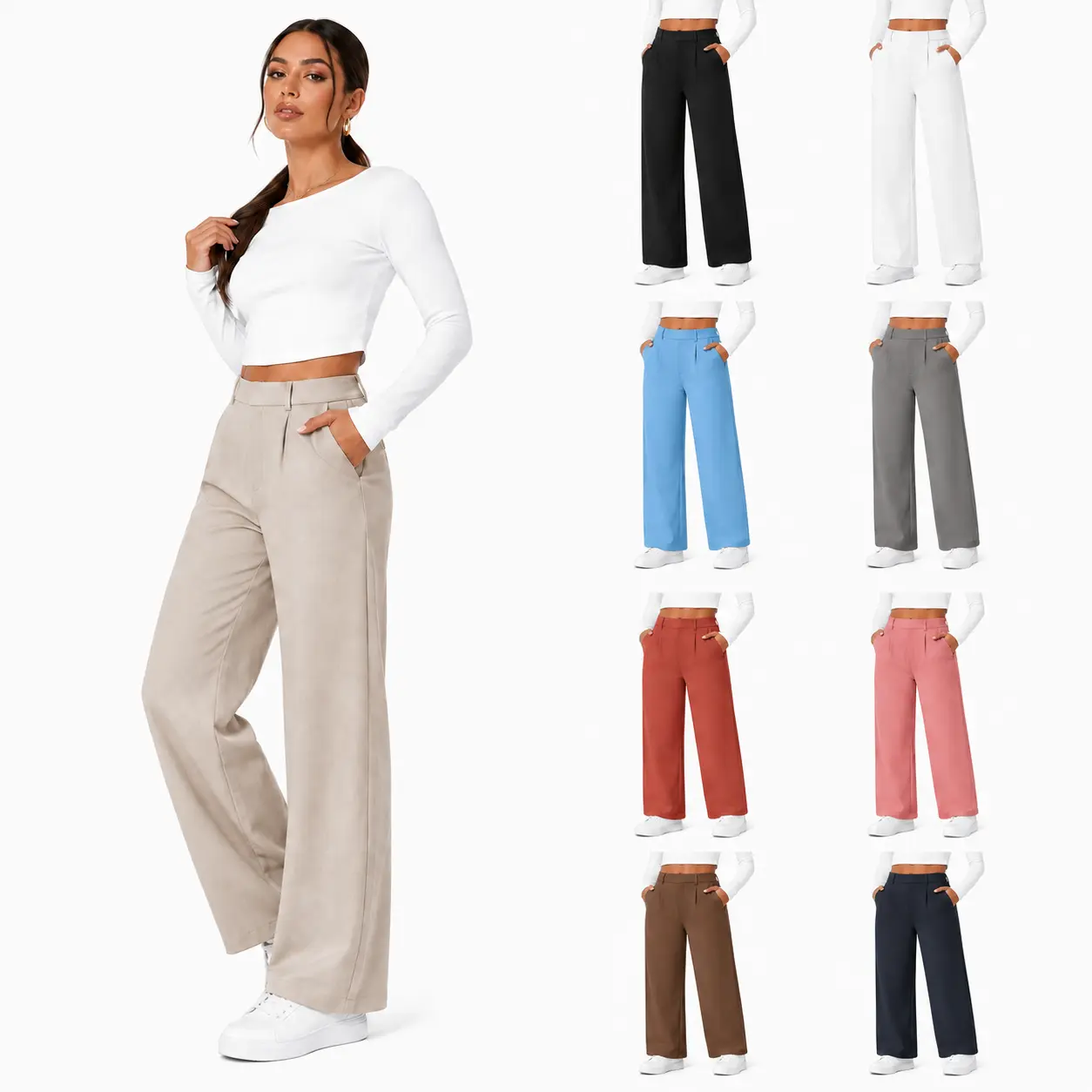 Women's High Rise Straight Leg Pants with Pockets, Loose Wide Leg Dress Trousers for Office Work, Business Meetings, Outdoor Sports, Travel, Shopping and Casual Everyday Wear, Comfortable Tailored Suit Slacks with Relaxed Fit and Versatile Style