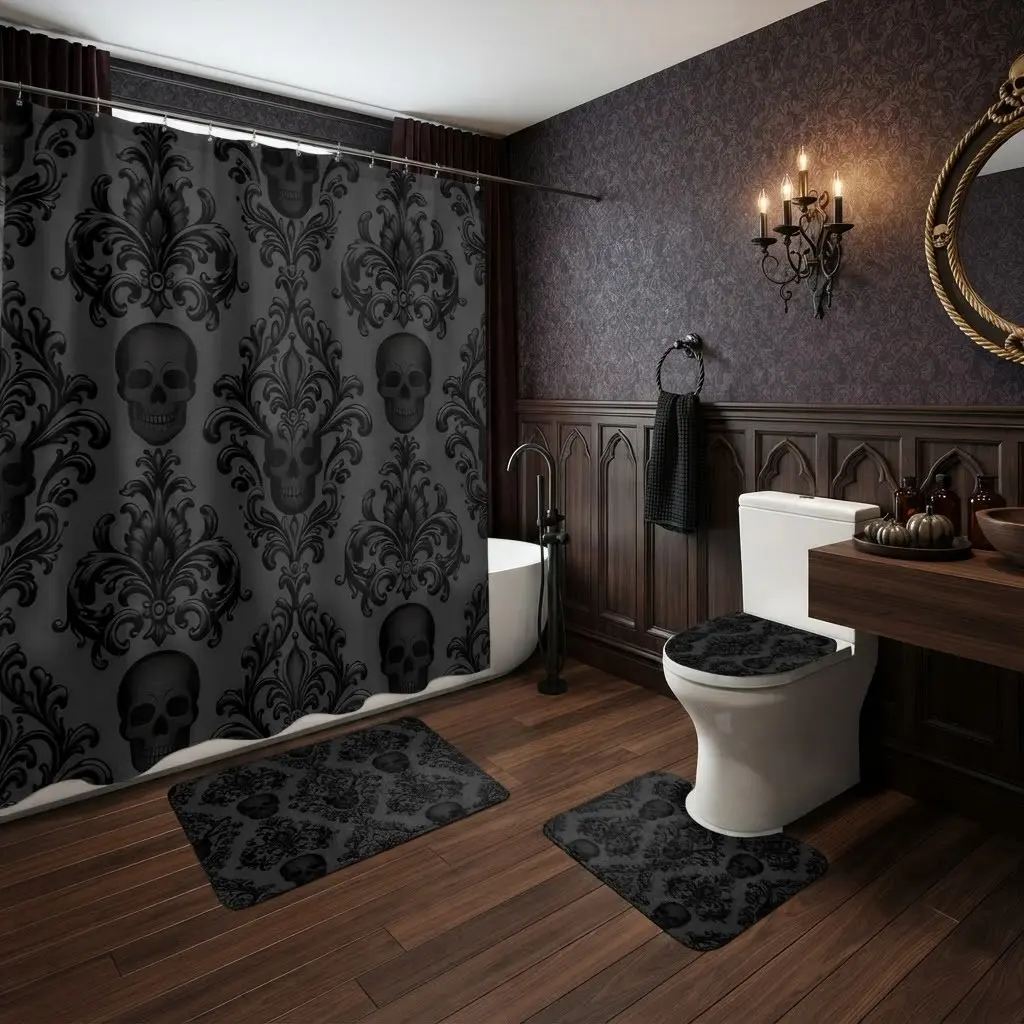 4pcs Dark Damask Scroll Skull Pattern Shower Curtain Set with Rugs, Vintage Gothic Bathroom Accessory Kit, The floor mat fabric is thicker and softer! Moody Halloween Decor