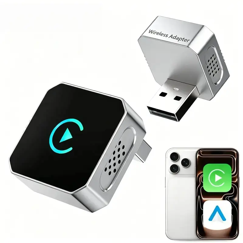 2026 Latest 2-in-1 Wireless CarPlay Adapter, compatible with Apple and Android, converts wired to wireless, convenient for fast in-car playback