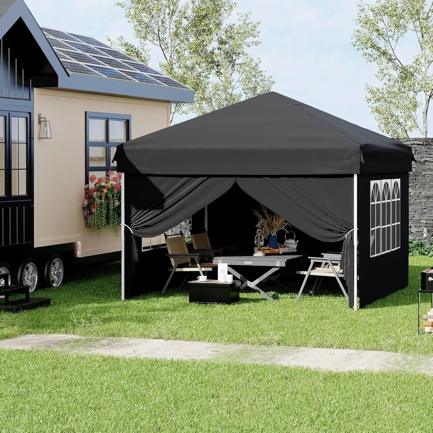 10x10 FT Folding Gazebo Tent, Easy Setup Waterproof Canopy with 4 Removable Sidewalls, UV Resistant, Complete with Carry Bag, Stakes and Guy Lines for Backyard Camping Events