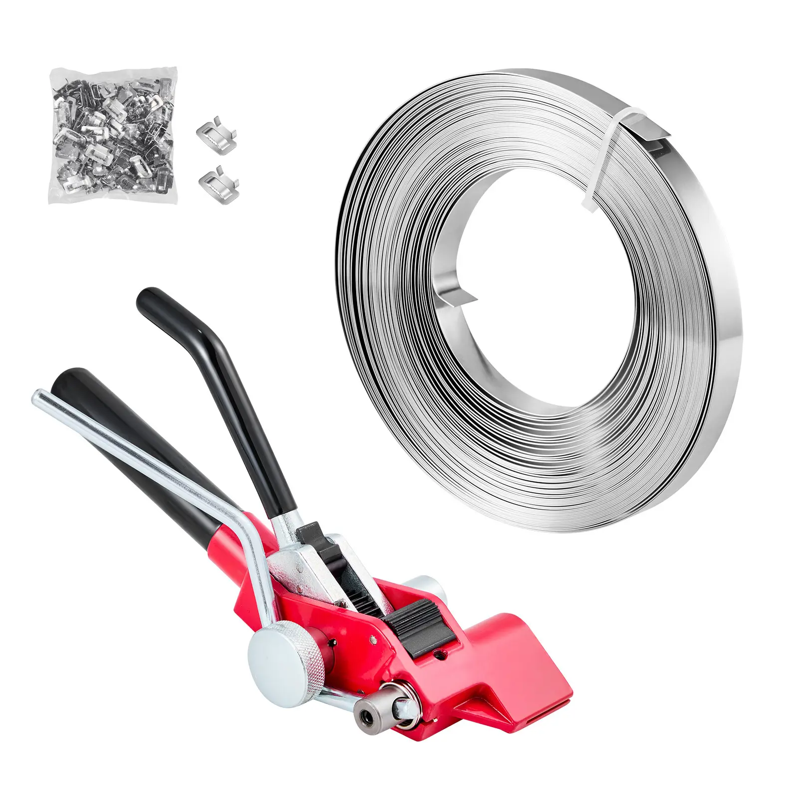Steel Banding Strapping Kit, Heavy-Duty Banding Sealer Tool with 100 ft Binding Straps, 100 Metal Clasps, Manual Pallet Packaging Strapping Kit for Warehouse, Transportation, Industrial Bundling
