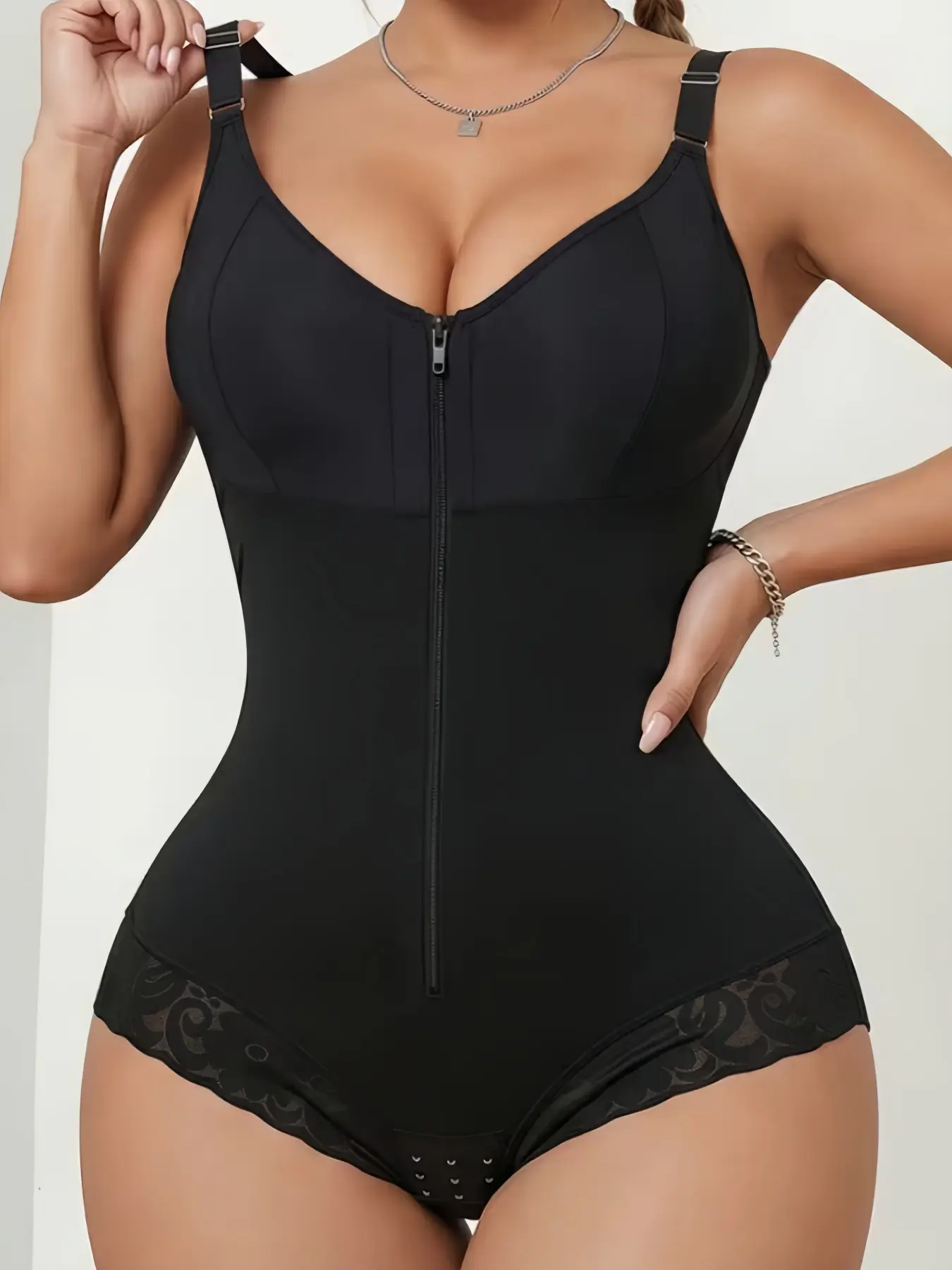 1 Count Women's Butt Lifting & Tummy Control Body Shapewear, Colombian Shapewear, Fajas, Underwear, Zipper Shapewear Bodysuit, Lace Trim Anti-Roll Jumpsuit, Breathable Compression Bodysuit, Discreet Shapewear, Suitable For Daily Commute & Office Wear
