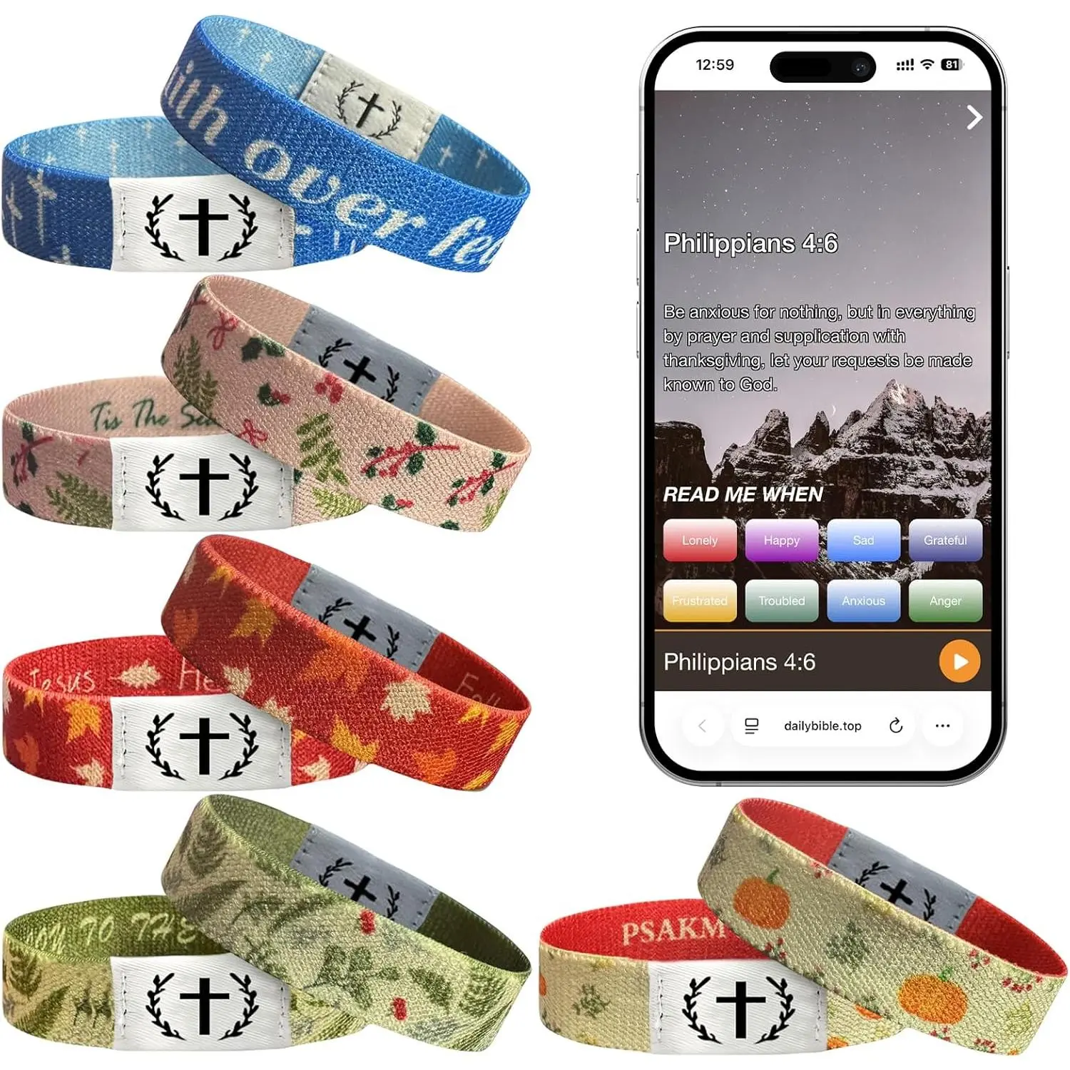 Christian 5-Count Elastic Fit Modern NFC Tap Scripture Text Wristband Bracelets, Inspirational Friendship Accessory for Men & Women, Festival Birthday Gift