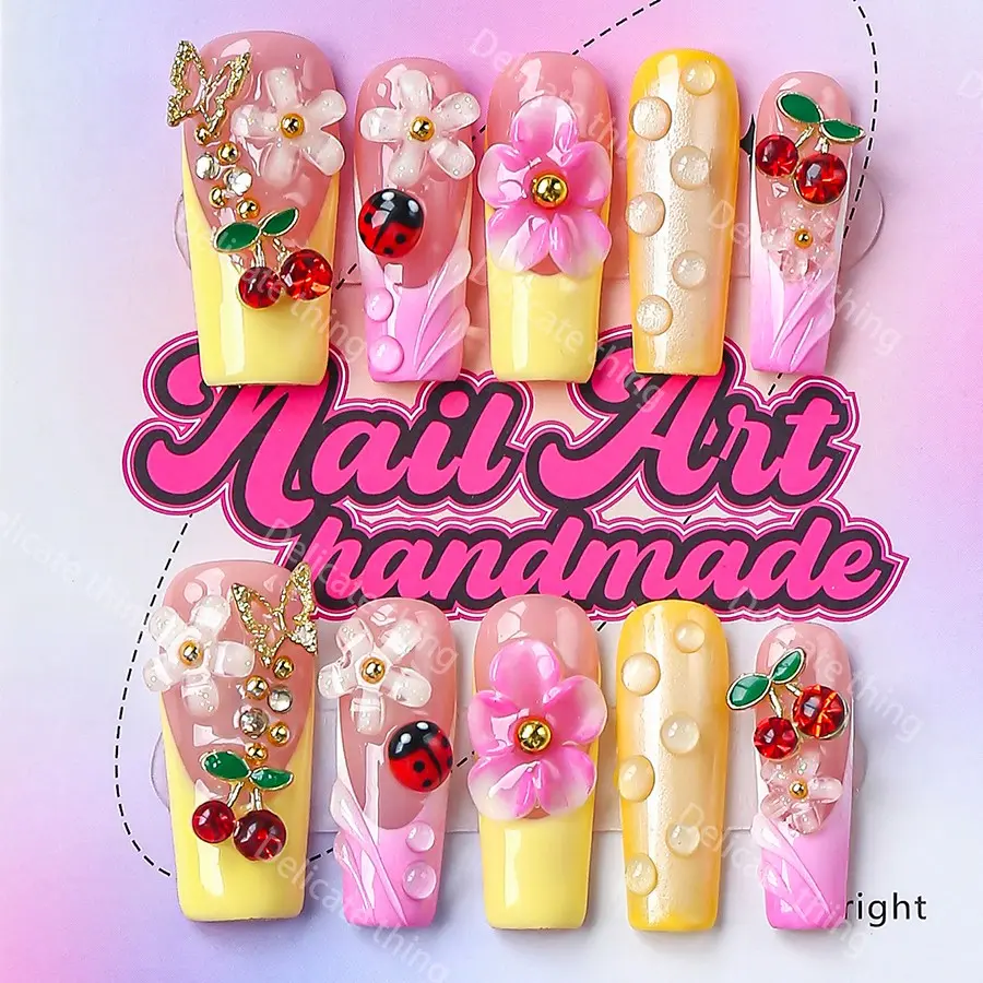 3.0 Length Coffin Nails, 10pcs Y2K Style Press-On Nails, False Nails, Fake Nails, Handmade, S M L Sizes, Perfect for Parties, Includes Jelly Glue, Crystal Stick, File