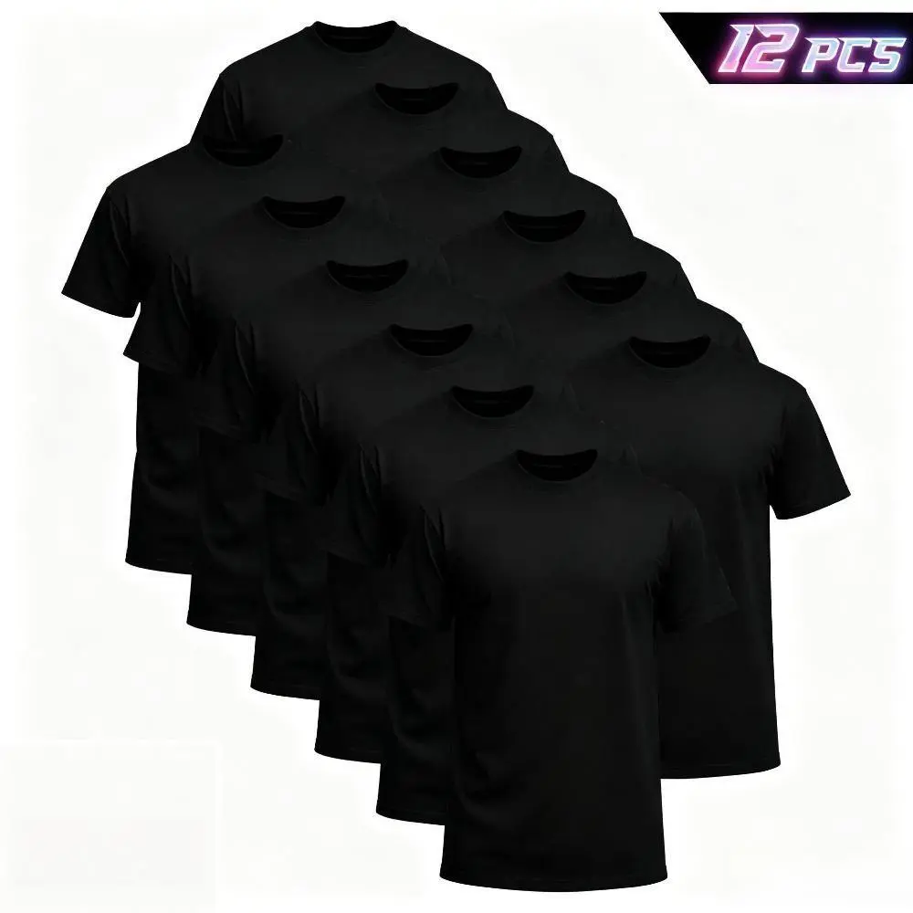 12pcs Men's Black Crew Neck Short Sleeve Casual Streetwear Clothes, Cotton Blend Comfort Fit Undershirts, Easy Care Durable Sports Outdoor Top (12-Pack $39.98, More You Buy Lower Price, Stock Up), Shortsleeve, Machine Washable