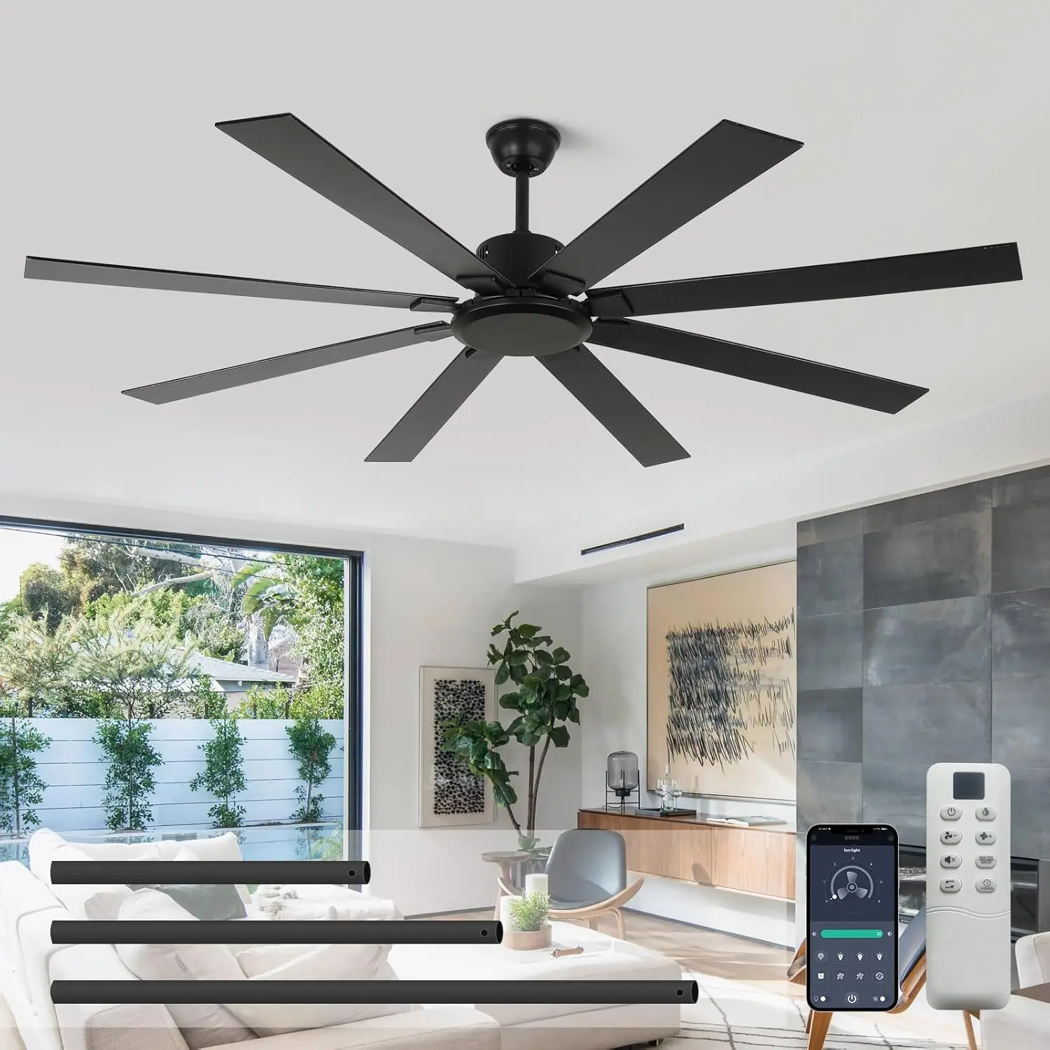 72 Inch Ceiling Fan no Light, Black Ceiling Fan with Remote, 6-Speeds, Quiet Reversible DC , Industrial Ceiling Fans without Lights for Patios, Living Room, Garage