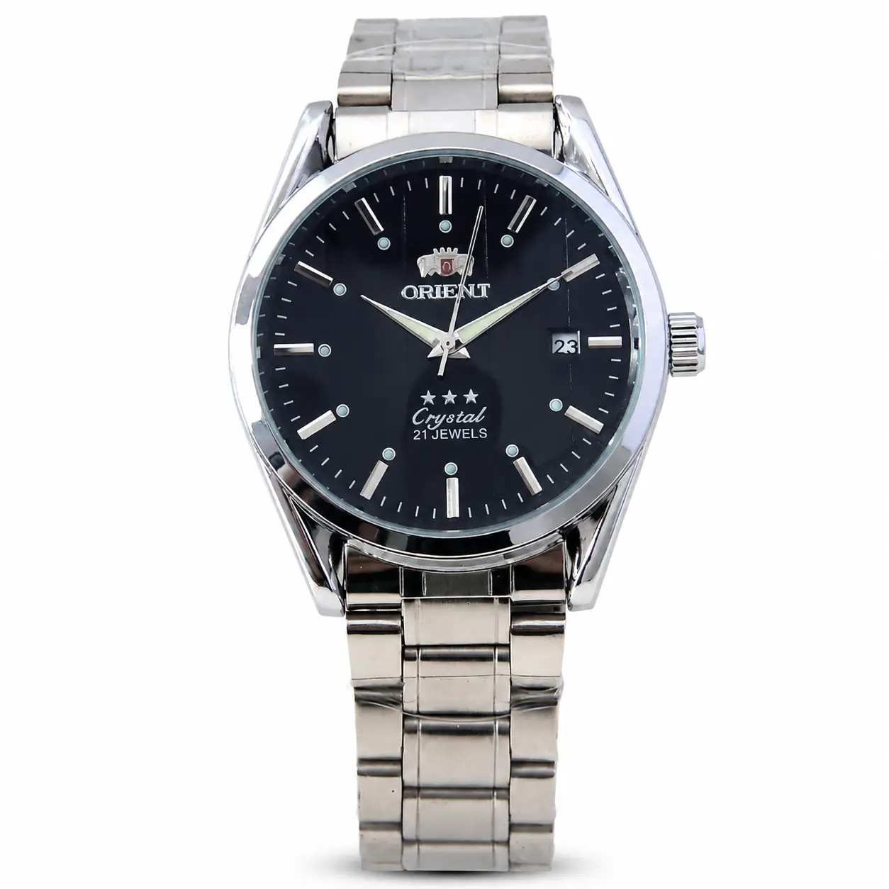 Orient Crystal Vintage Men's Automatic Watch - 21 Jewels, Silver Stainless Steel, Round Face, White Dial, Luminescent Markers, Date Window, Suitable for Casual Wear