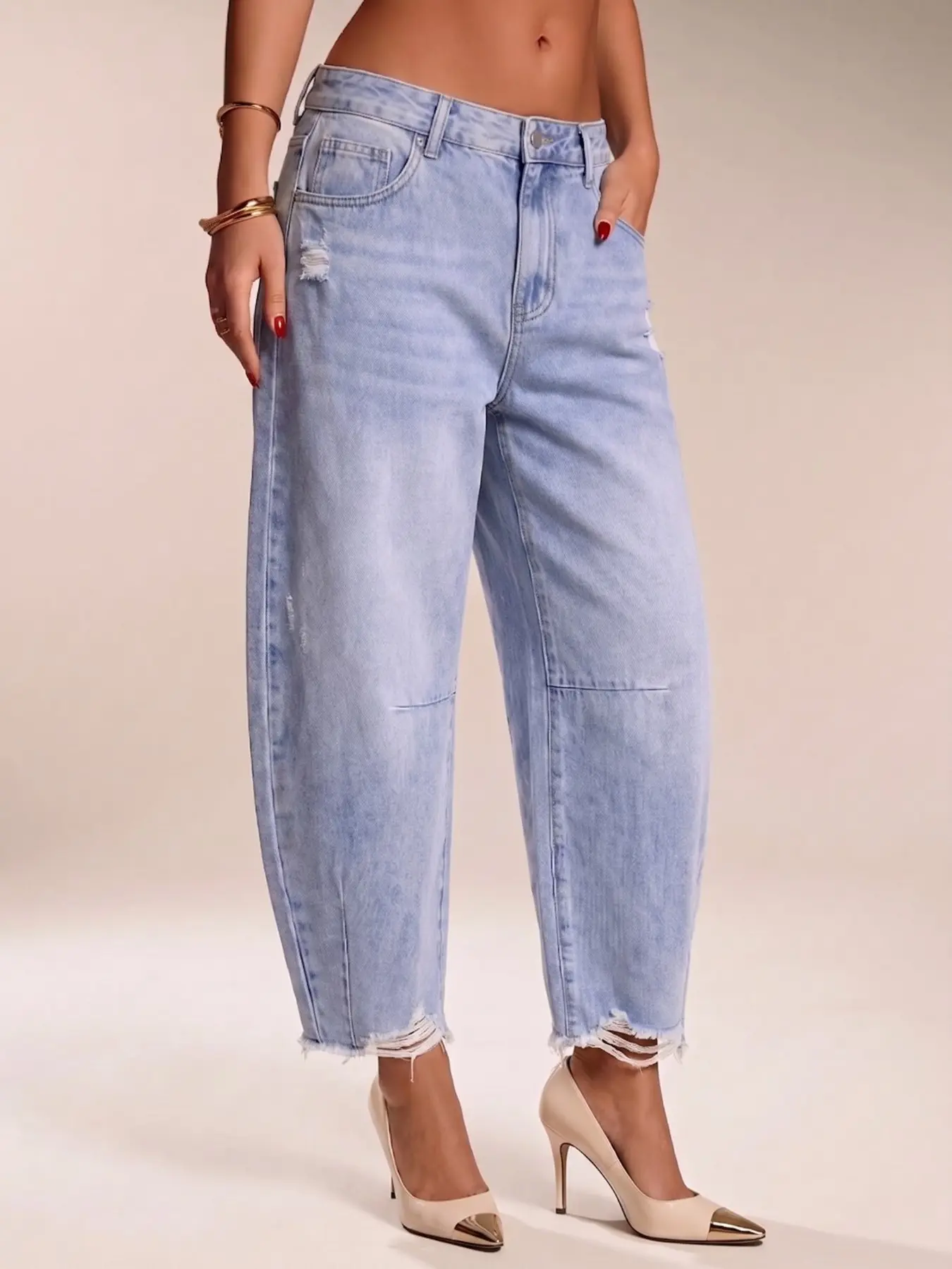 Multiple Rips Hole Nine-Part Carrot Jeans, Light Blue Bleach Wash High Waist Loose Dad Pants, Trendy Casual Wear for Men, Ripped