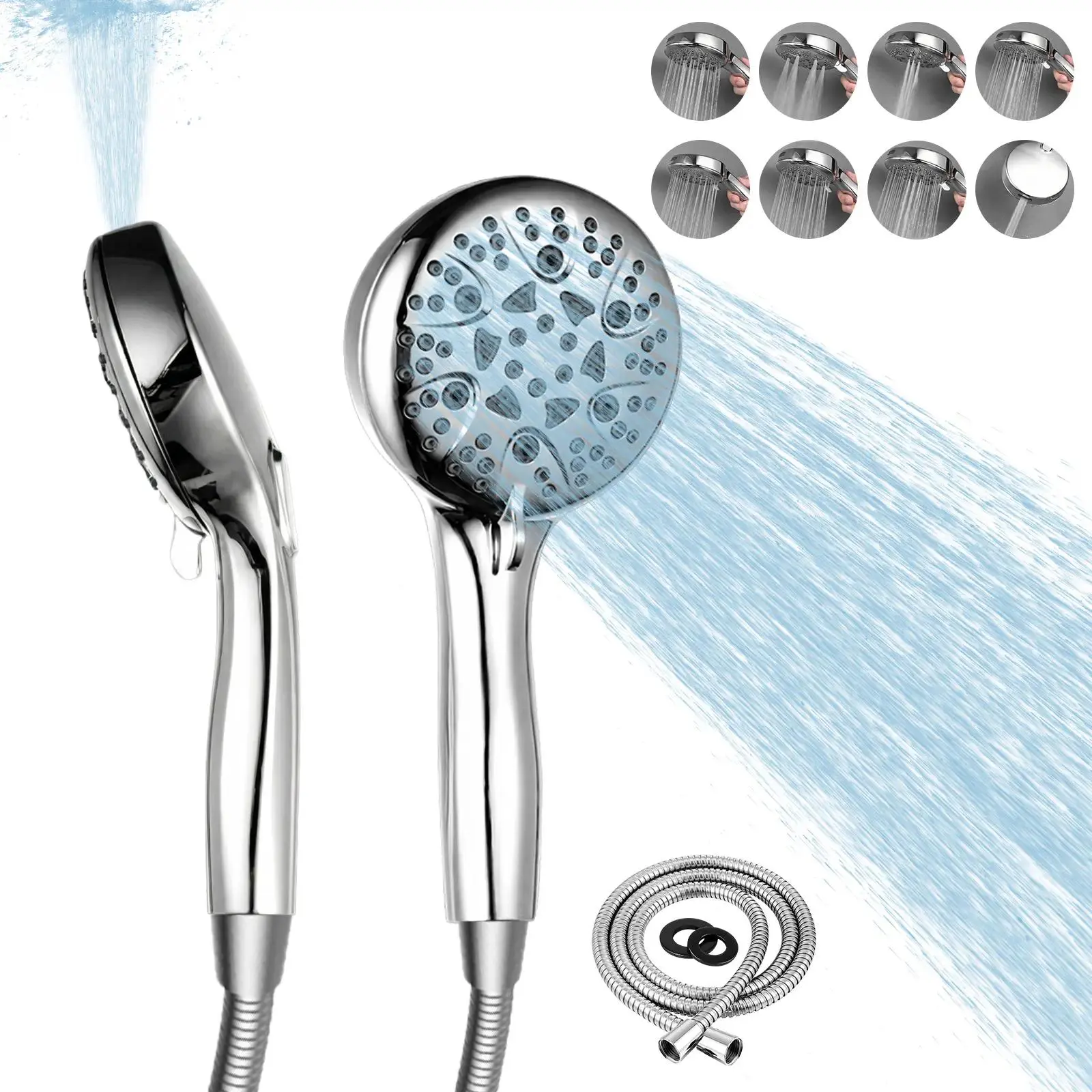 High Pressure Adjustable Hand Showerhead Set - 7 Spray Modes, 8 Spray Patterns, Boost Button, Water-Saving Design, Easy Installation, Durable Metal Construction, Wall-Mounted Bathroom Fixture, Adjustable Hand Shower
