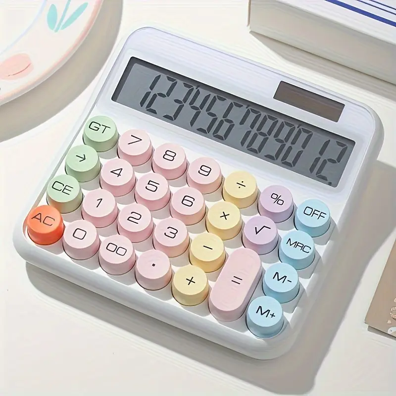 12-Digit Colorful Desktop Calculator - Solar-Powered, 36V Operating Voltage, Large LED Display, Big Easy-Press Buttons, Durable for Office & Indoor Recreation Use