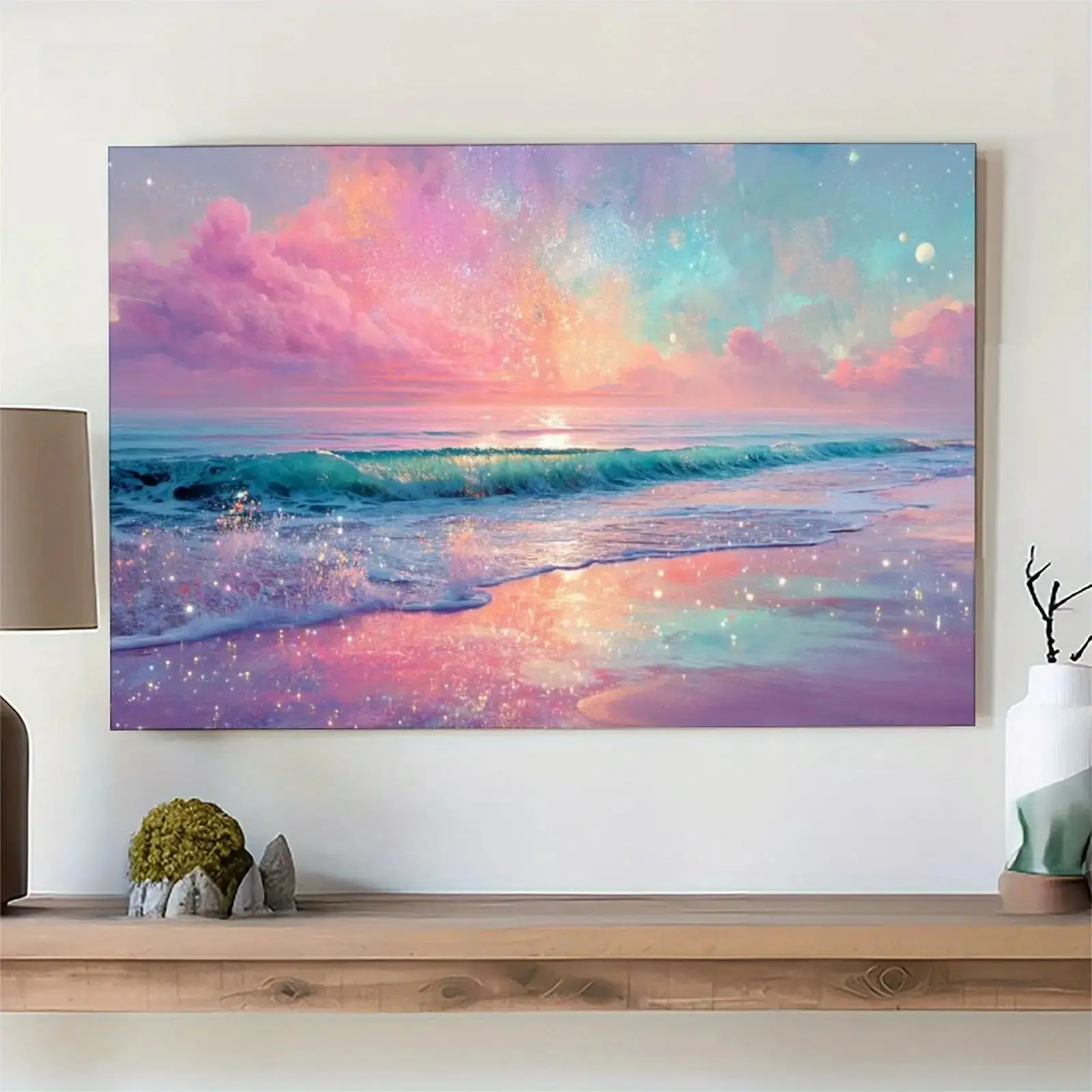 Artistic Framed Modern Beach Sunset Oil Painting - Wood Frame, Multi-Size Accurate Coastal Abstract Art with Pink-Purple-Blue-Orange Colors - Living Room Decor, Valentines Day-Wedding Gift, Home Accent, Thanksgiving
