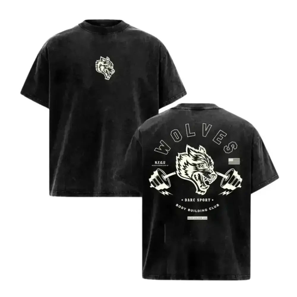 Men's Vintage Washed Wolf Graphic T-Shirt, Loose-fit Heavy Cotton Anti-wrinkle Tee for Gym & Streetwear