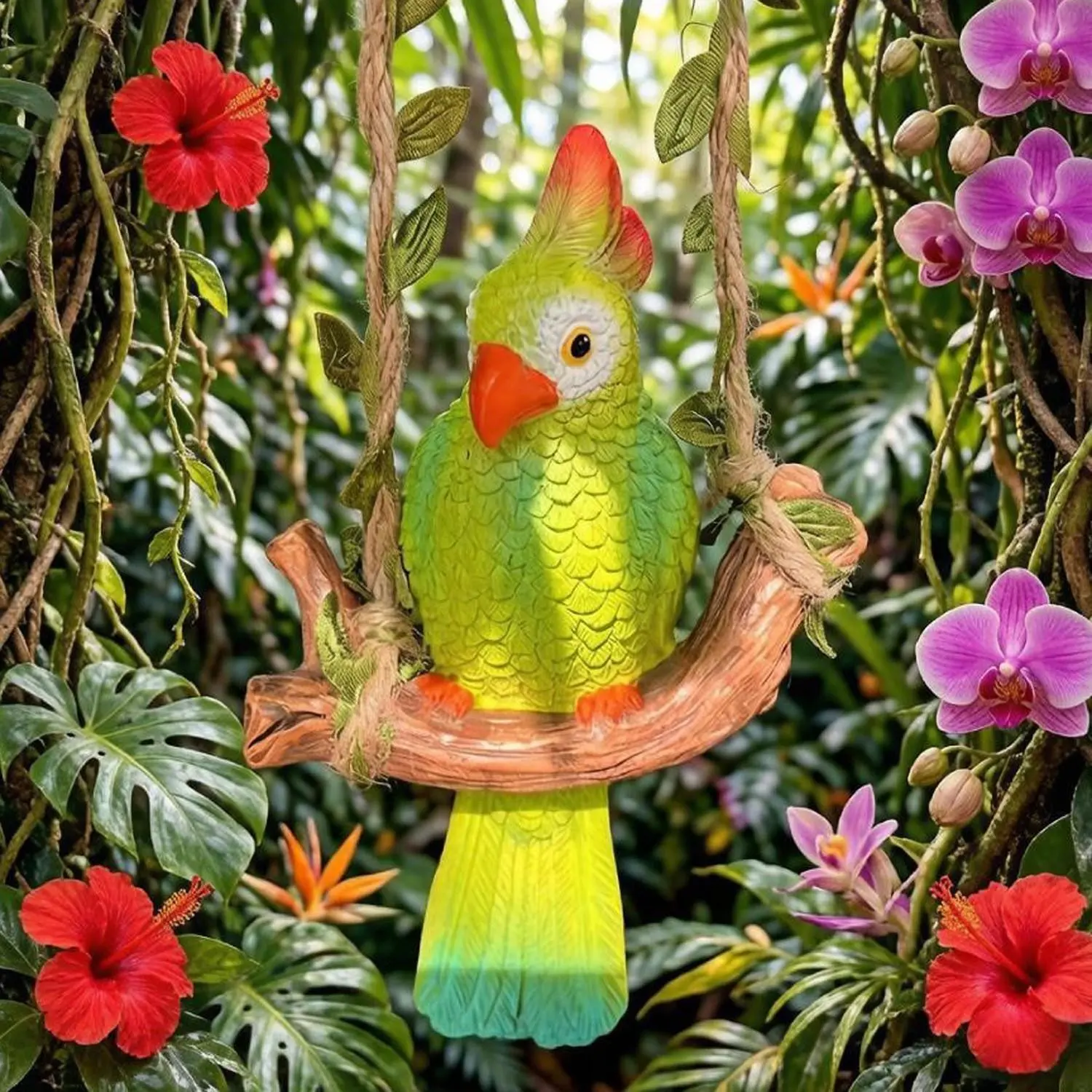 DIY parrot hanging garden decoration swing, Christmas outdoor hanging bird sculpture decoration, suitable for outdoor spaces such as patios, lawns, gardens, and indoor and outdoor areas of balconies.