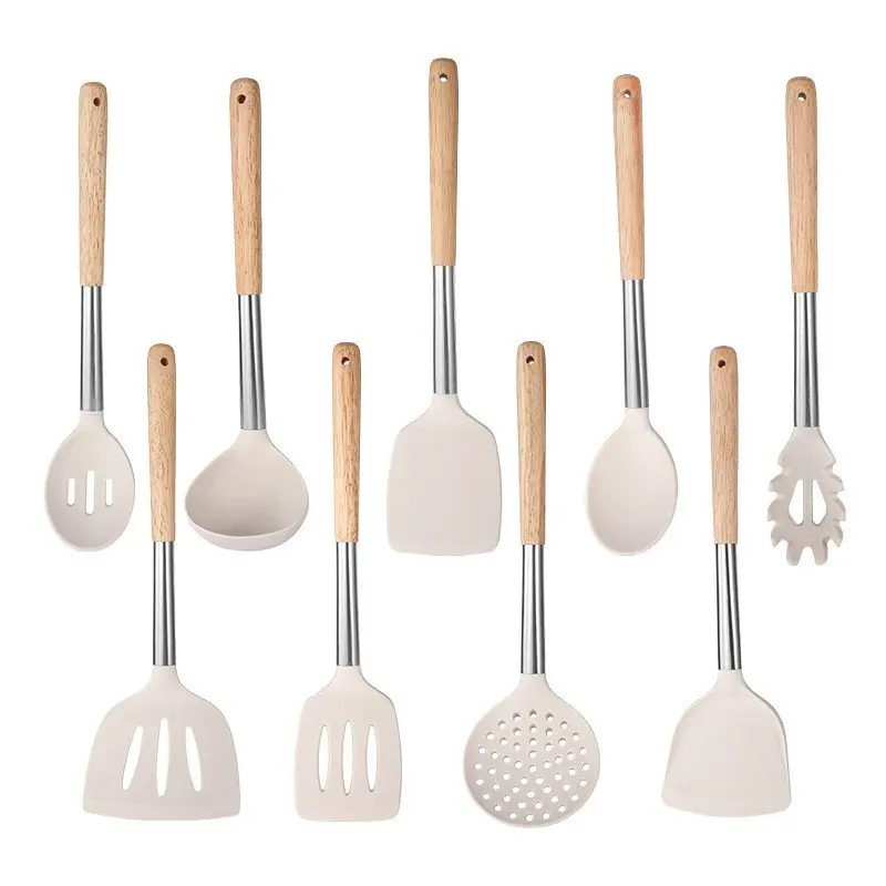 Full-Size Silicone Kitchen Utensils Set, 9-Piece Large Cooking Utensils with Wooden Handles & Stainless Steel, Heat Resistant Food Grade Spatula Set for Nonstick Cookware