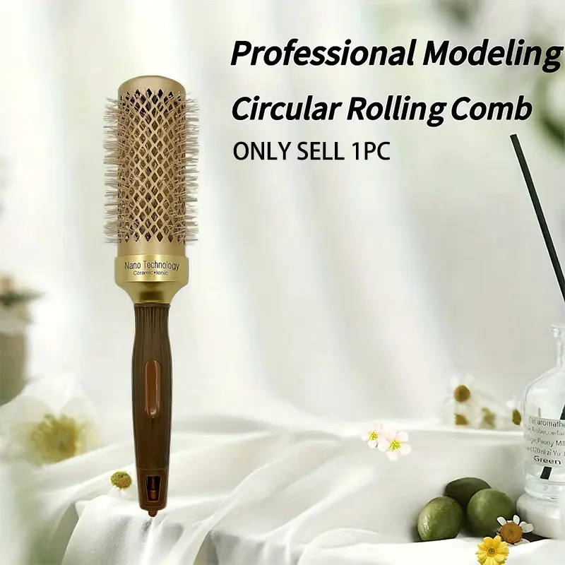 Gold Ceramic Aluminum Roll Comb, Nylon Bristles for All Hair Types, Round Tube Curling Brush, Air Drying Comb, Styling Tool, Hair Styling Combs