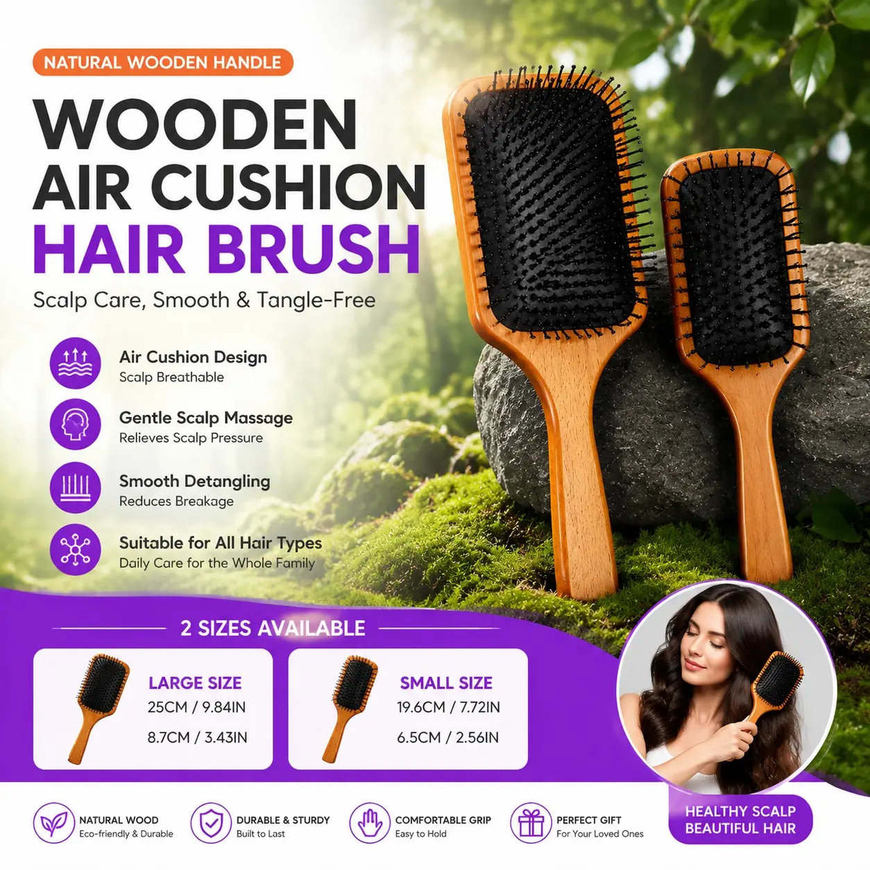 Premium Luxury Cushion Hair Paddle Brush, Gentle Elastic Bristles Remove Knots Without Pulling, Tame Frizzy Hair & Boost Shine, Wet Dry Use Hair Care Styling Tool, Suitable For Long Curly Damaged Hair, Men Women Teens Daily Use