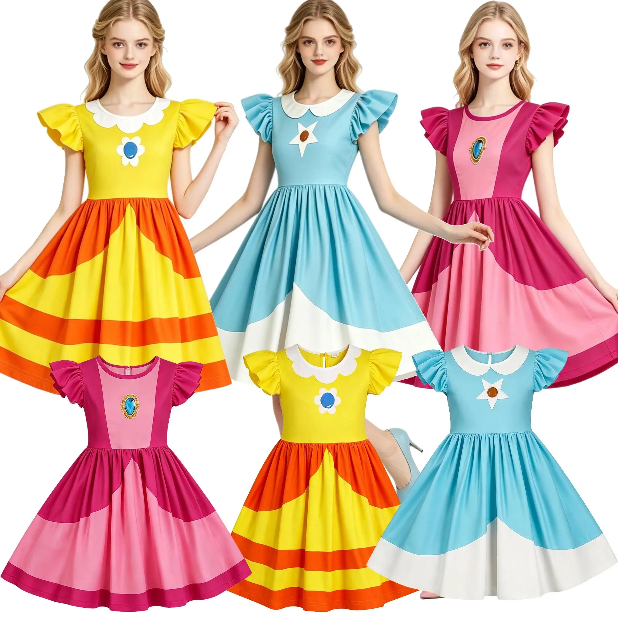 Daisy Cosplay Princess Rosalina Costume Kids Adult Peach Dress Girls Birthday Party Halloween Vestidos Mujer Fancy Party Dress