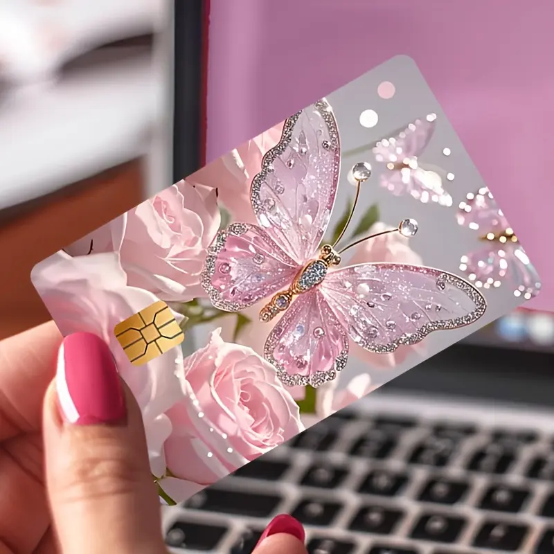 Pink Butterfly Pattern Sticker, Decorative Stickers, Decorative Decal, Matching Pink Rose Design, Suitable for EBT, Transportation Card, Credit Card, Protective Cover, Bubble-Free, Small Card Special, Key Decoration Light Beige, Simple Style, Durable Mat