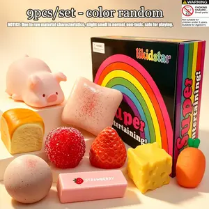 9pcs/set - Healing Series Stress Relief Fun Toy Set,which includes other squeeze toys such as toast,cheese, strawberries, waxberries, creative slow rebound plush toys, children's party gifts, and various styles. Stress relieving children's desk decoration