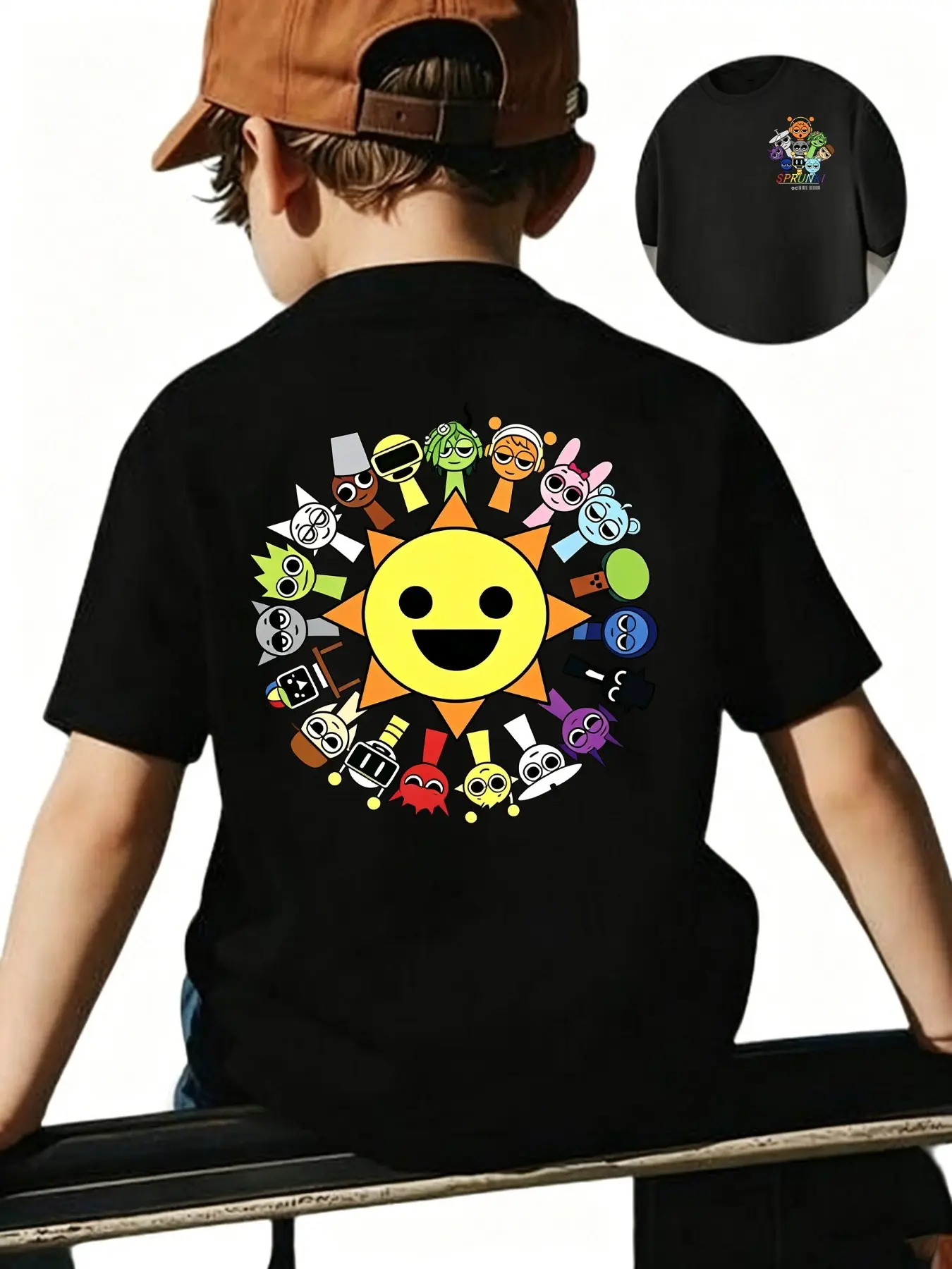 Best Seller Front Small Sprunki Group & Back Sun Circle Double Print Cartoon Kids Tee, Boys Black Summer T-Shirt Multi Color Top, Game Kids Birthday Gift Hot Selling#Sprunki Boys Tee #Trending Kids Clothes