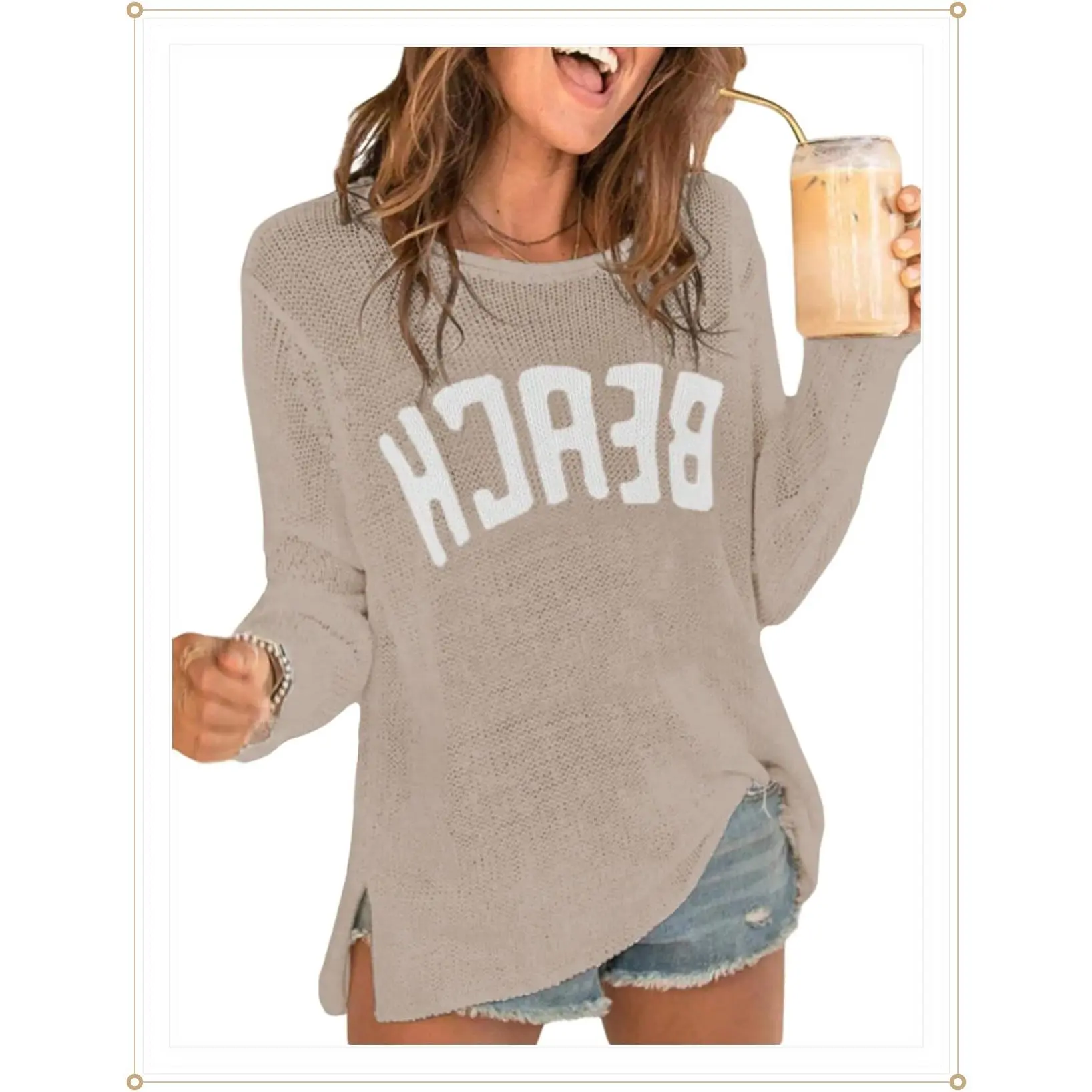 COZYEASE Women's Loose Casual Comfortable Stretchy Fabric Beach Cover-Up - Letter Print Long Sleeve Crew Neck Fit Pullover, Crochet Jumper Top with Split Hem for Bikini Swimming (Gift)