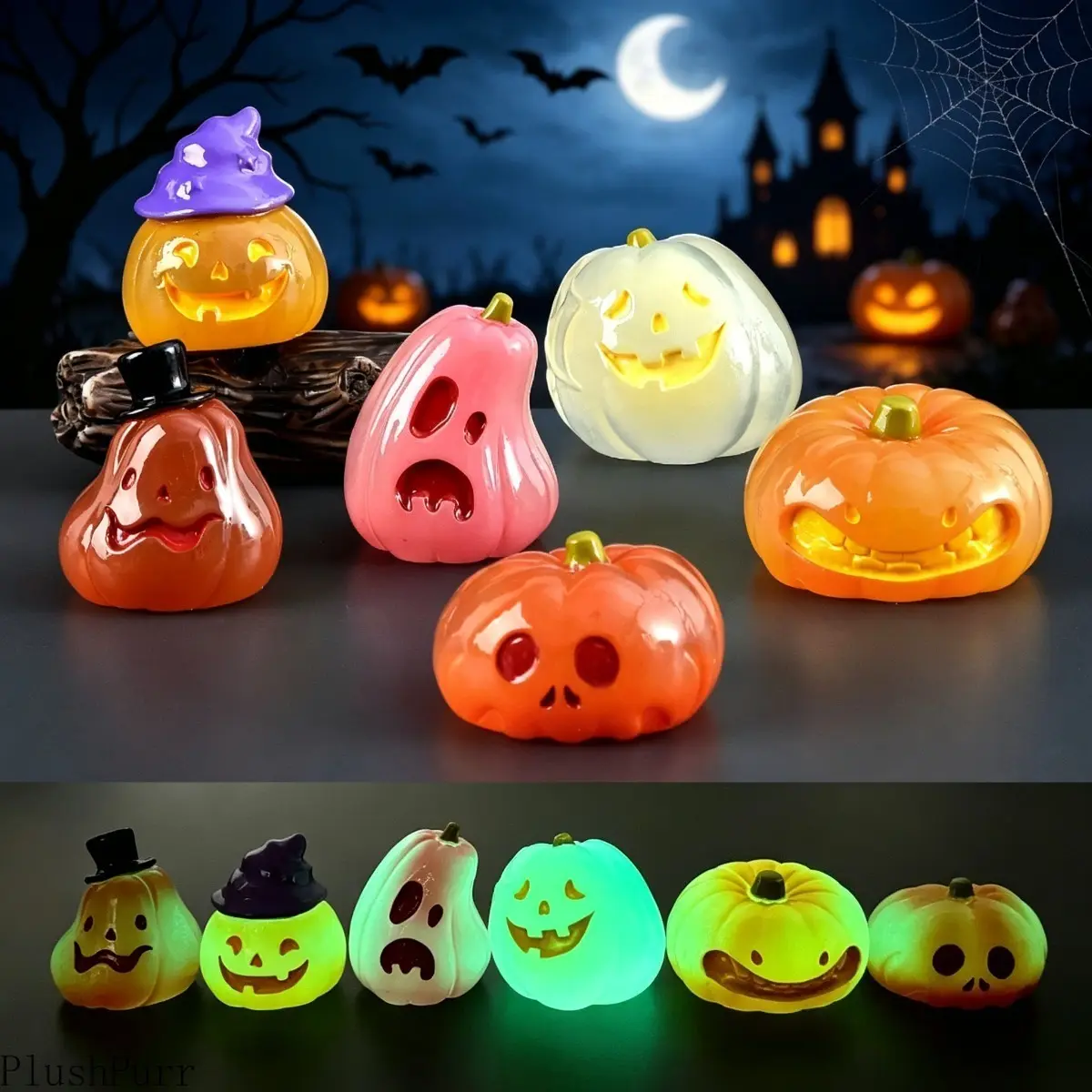10-Piece Spooky Glow-in-the-Dark Luminous Resin Small Miniature Pumpkins Set - 1.1x0.95in Waterproof Figurine Ornaments, DIY Bag Accessories for Halloween Centerpiece, Indoor and Outdoor Fall Decor, Decorations, Festive Touch, Versatile Use, Easy To Place