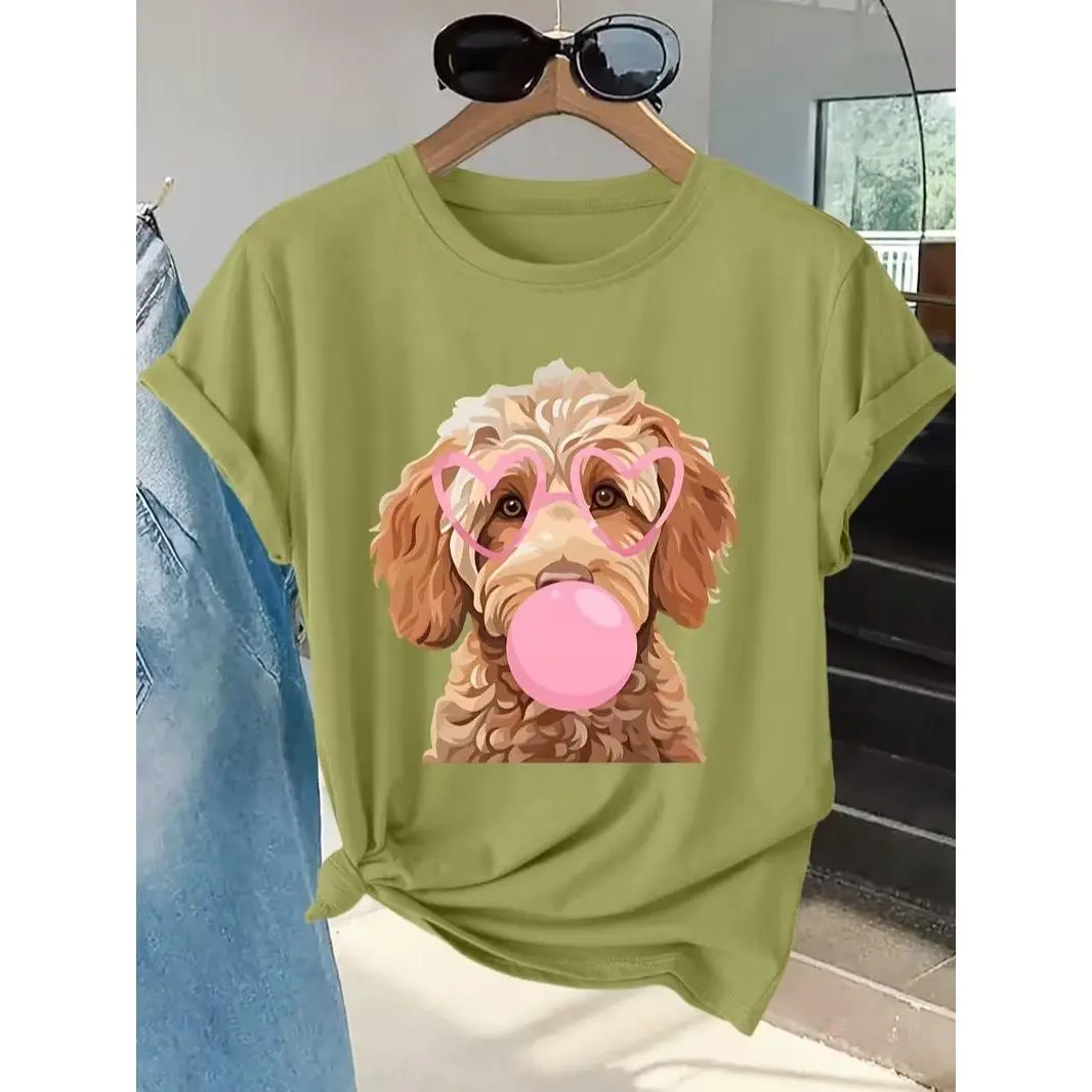 Women's Cotton Short-Sleeve T-Shirt - Cute Goldendoodle Puppy, Pink Heart Sunglasses, Bubble Gum Blowing Design - Black Everyday Dog Mom Casual Top, Quote-Infused