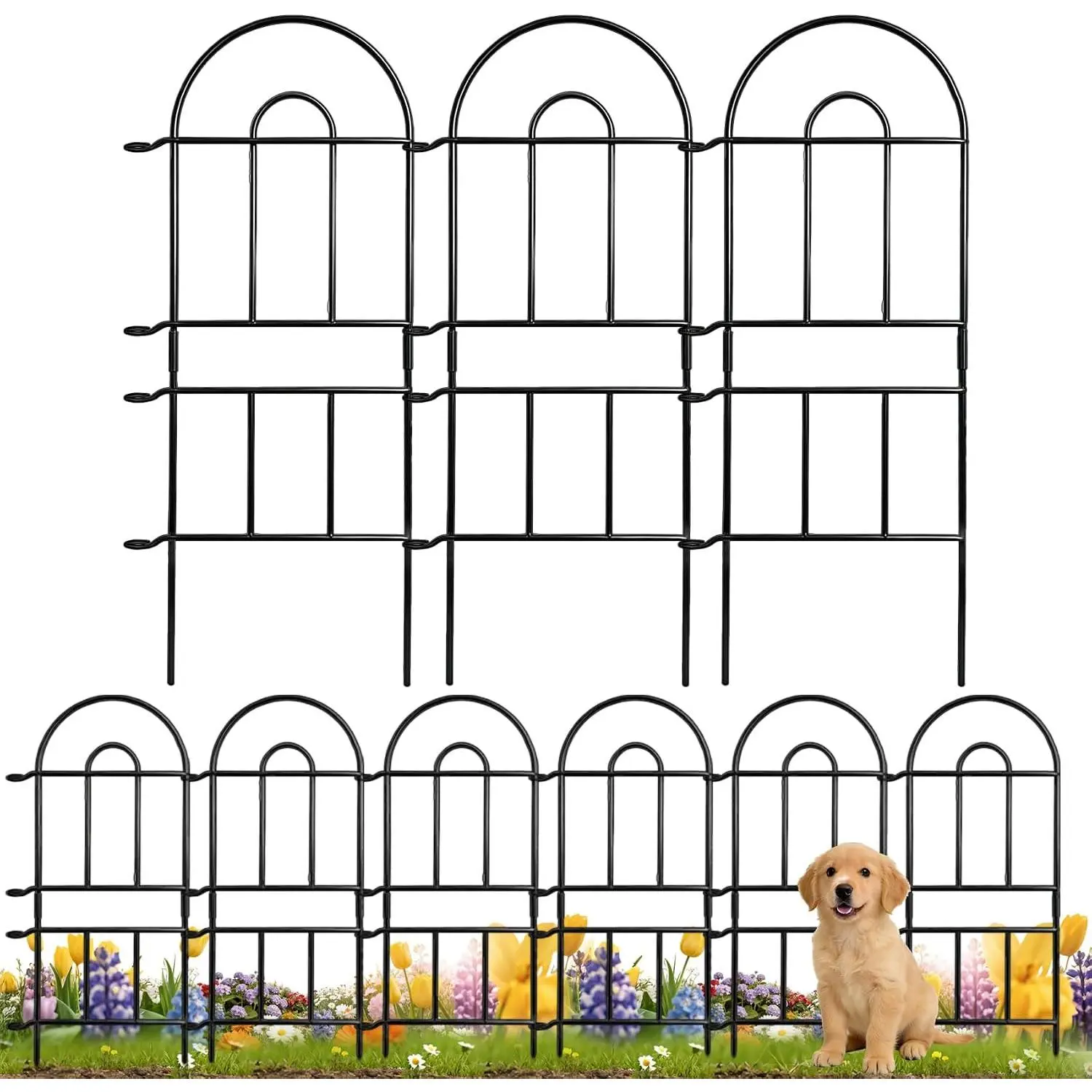 9-Pack Rustproof Black Outdoor Metal Fence Panels - 32x8.25 ft Arched Decorative Barrier, No-Dig Edging for Yard & Patio Garden Flower Bed Landscaping, Fence Panel