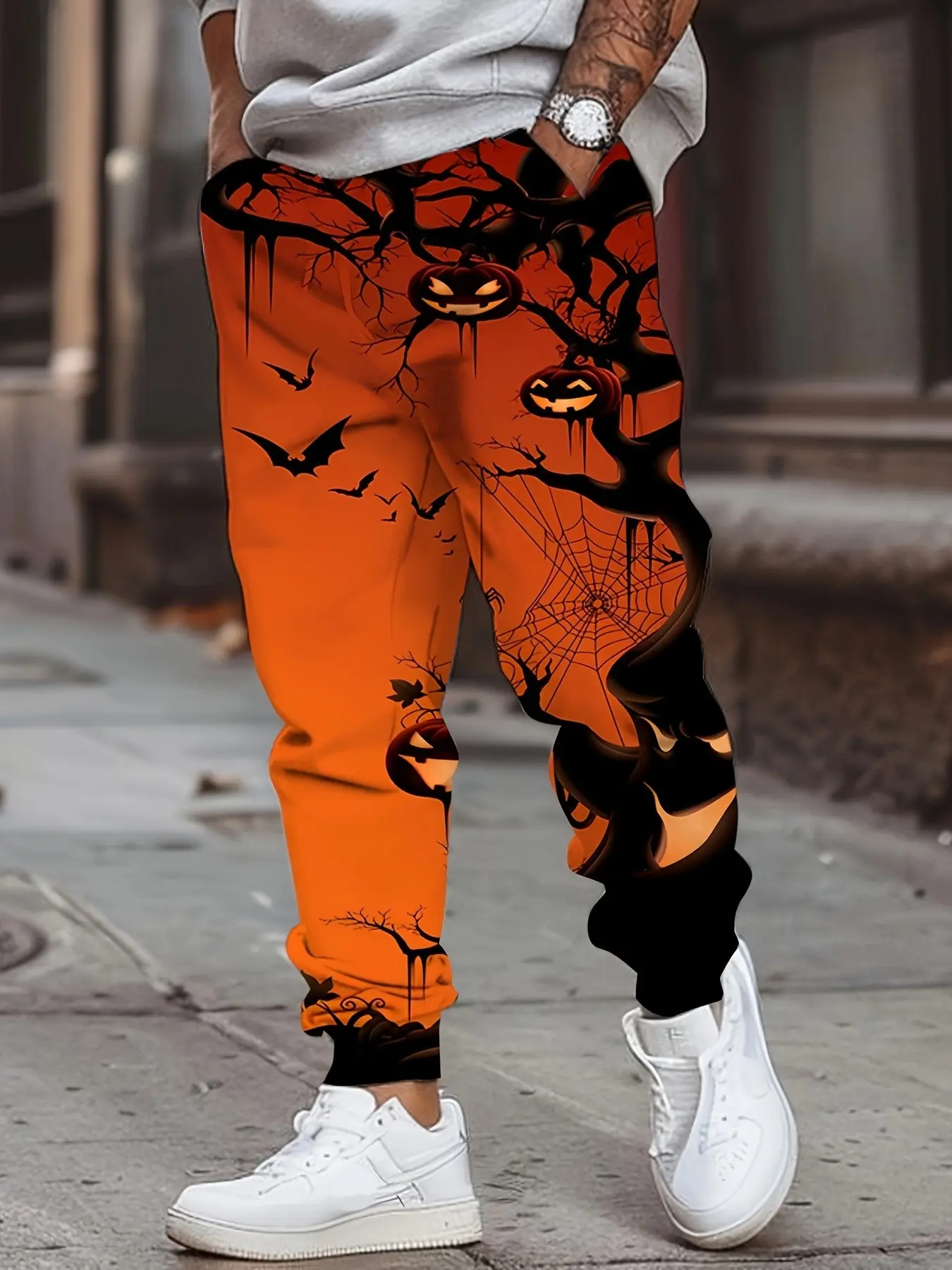 Men's Halloween Pumpkin Bat Tree All over Print Sweatpants, Casual Drawstring Waist Long Pants, Base Color, Ankle Length