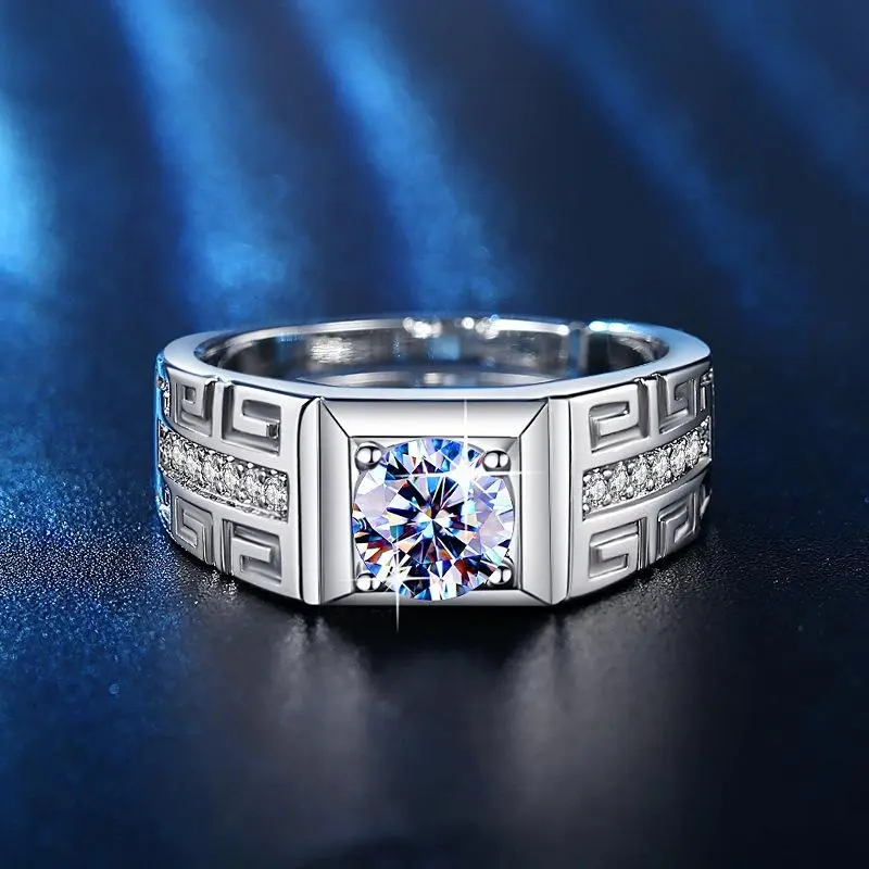 Men's Iced Out Moissanite Ring, Vintage Geometric Signet with Adjustable Band for a Custom Fit, Casual Streetwear Statement Jewelry, Lab Moissanite Ring, Precision-Cut Stone, Luxury Vibes, Craftsmanship, Elegant Ring, 5G
