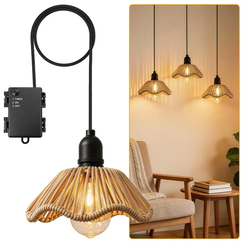 Handcrafted Bohemian-style Rattan Pendant Lamp, Battery-powered with No Wiring Required. Features a Woven Rattan Shade Suspended from a Pendant Fixture. IP44-rated for Use in Kitchen Islands, Hallways, Bedrooms, Courtyards (batteries Not Included).