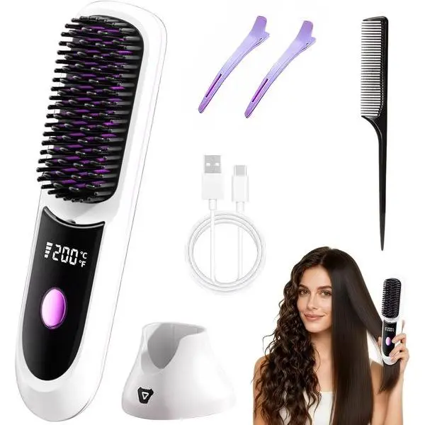 Hair Straightener, Cordless Hair Straightening Brush Portable Cordless Comb with Base Negative Ion Rechargeable Brush for Frizz-Free Shine Straightening, 6400mAh Fast Heating (Black)