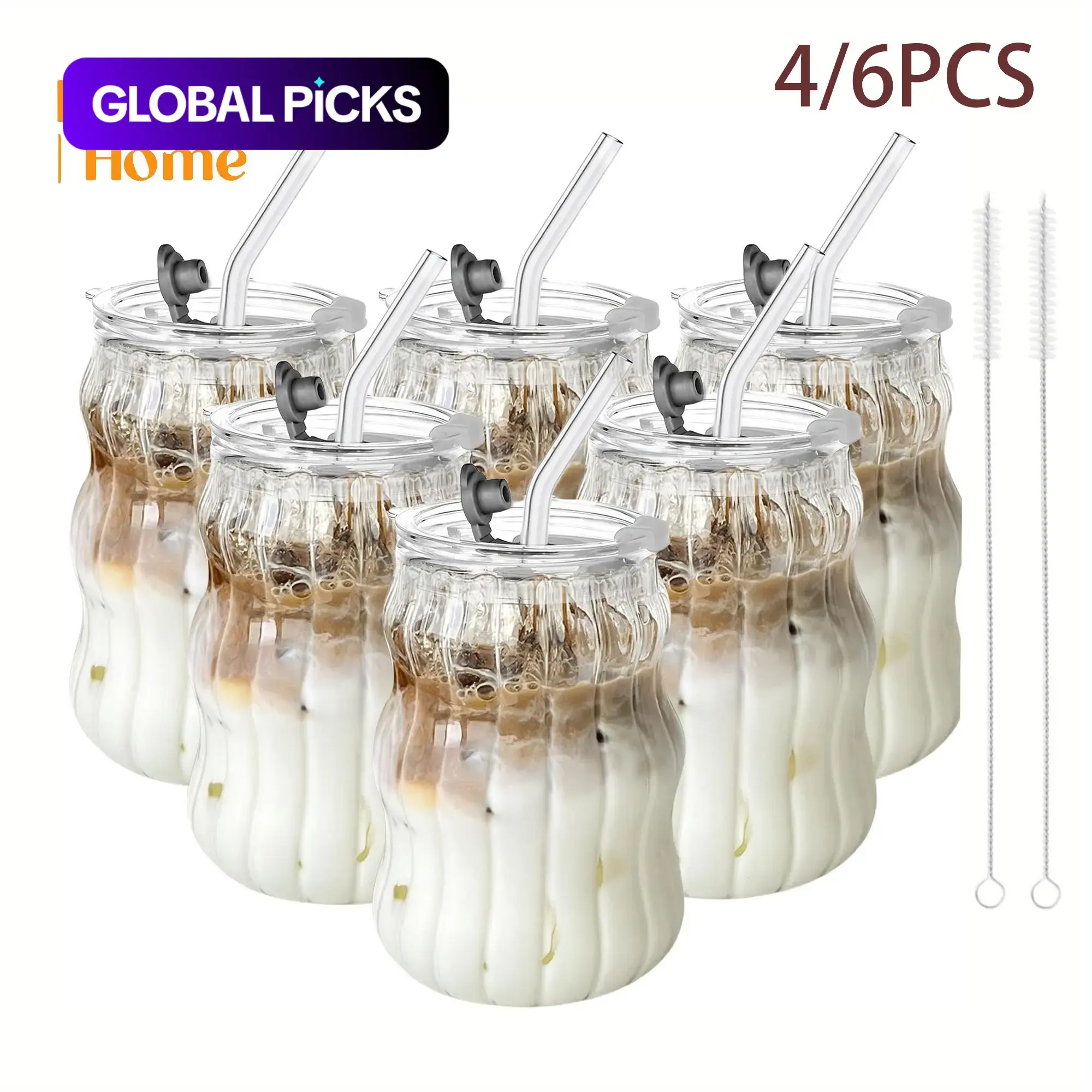 Glass Cup with Straw & Lid, 4/6-Piece Ripple Glass Cup Set with Cleaning Brush, Glass Drinking Glasses Sets, Portable Clear Drinkware for Coffee, Latte & Water, Durable Ribbed Glass Cup, Drinking Glasses Set #GLOBAL PICKS
