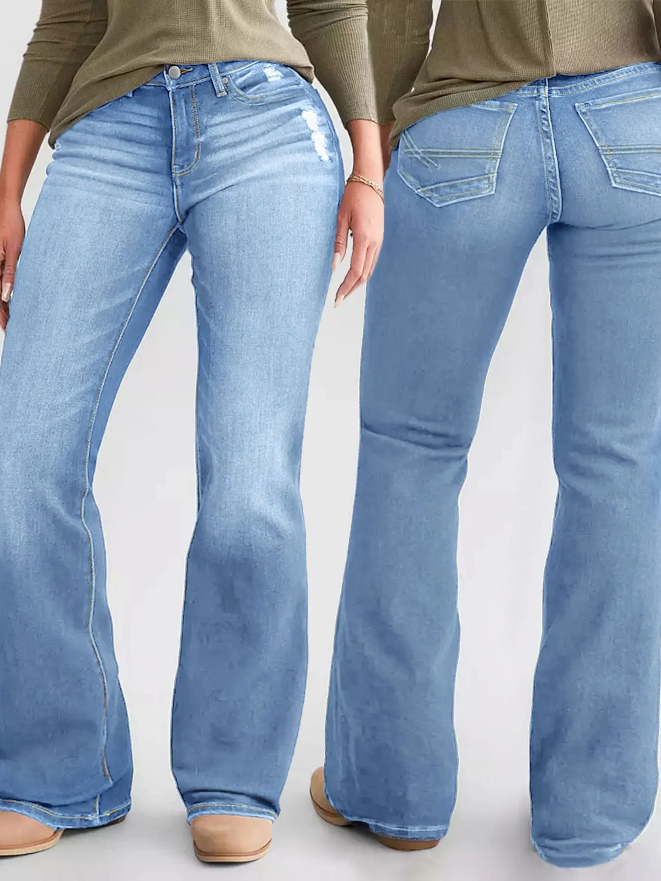 Women's High Waist Light Wash Distressed Flare Pants, Elastic Vintage Micro Flare Jeans, Long Jean Bottoms for Women
