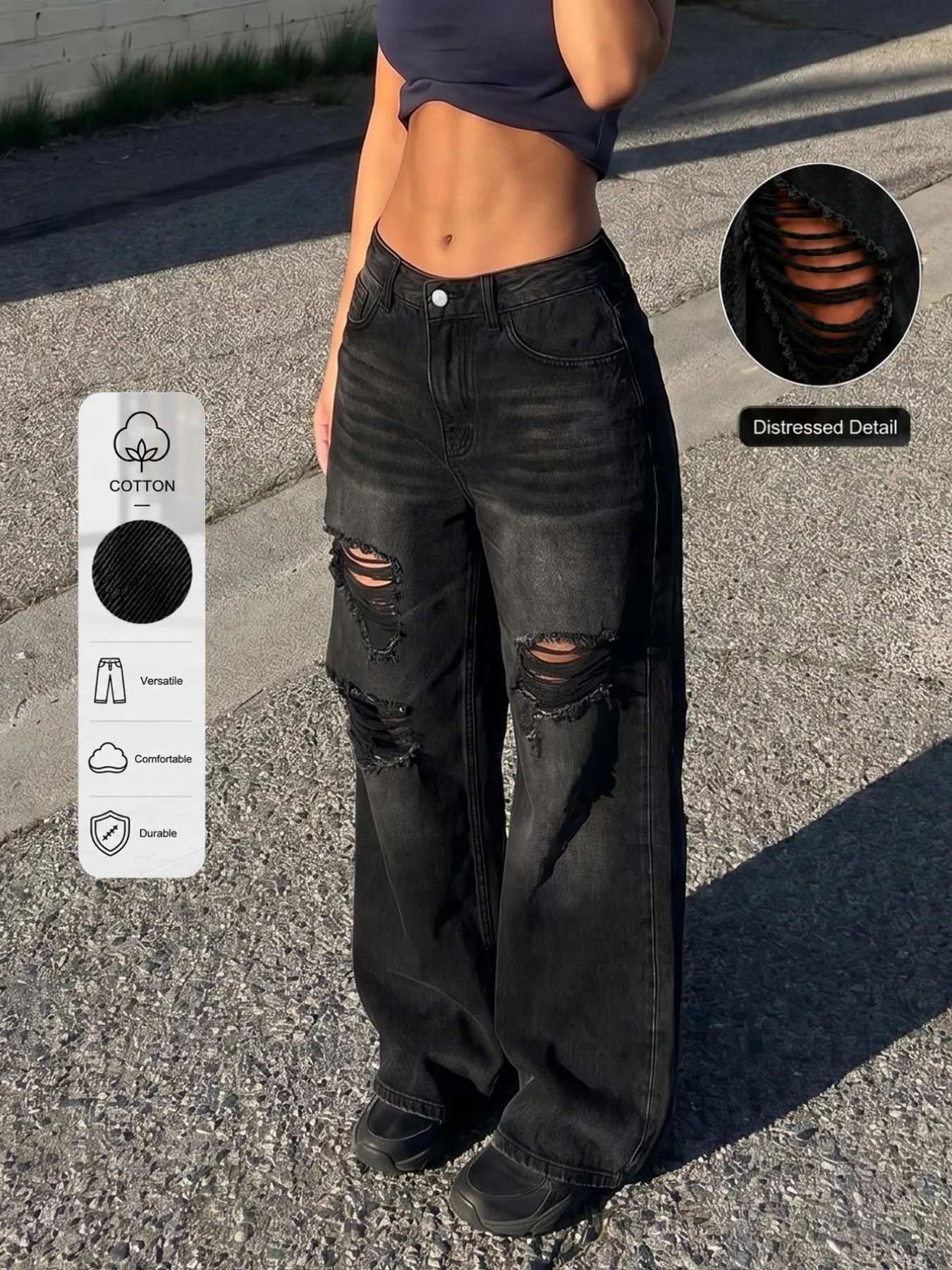 Women's Y2K Street Punk Style Streetwear Ripped Denim Jeans, Distressed Details, Baggy Loose-Fit Mid-Waist Jeans, Casual All-Season Fashion, Trendy Daily Wear