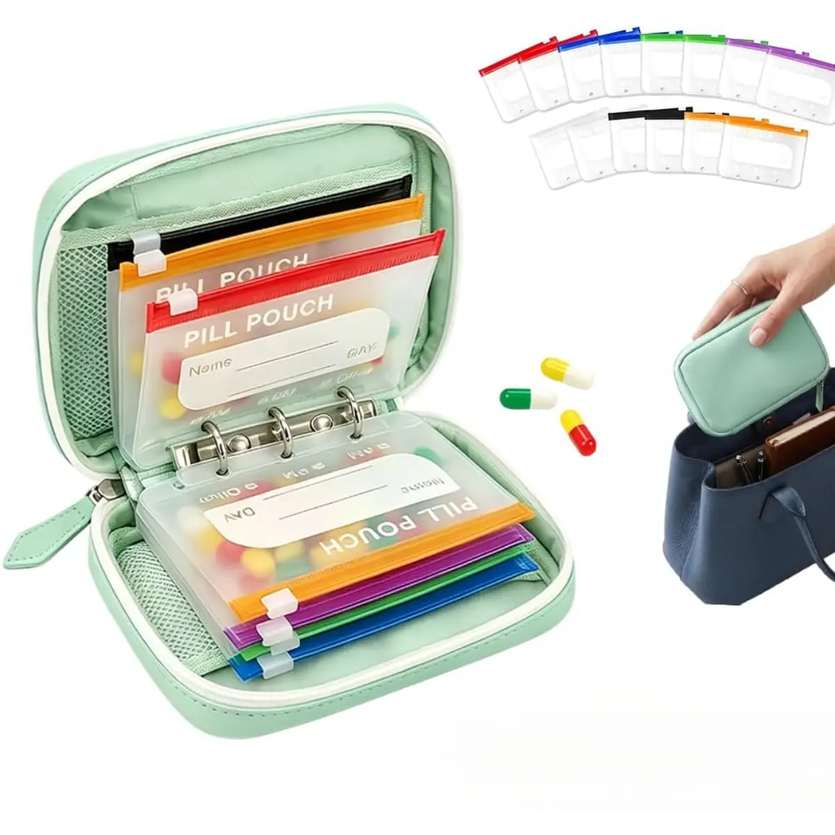 Waterproof Pill Pouches, Travel Ready 14 Color-Coded Reusable Zipper Pill Organizer Bags with Labels for Weekly Vitamins, Fish Oil Supplements & Daily Medication Storage (Home Organizer Storage Bags)