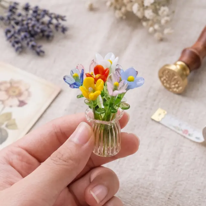 Tiny Flower Bouquet Gift Set with Glass Vase, Colorful Faux Flowers Decoration, Cute Home Accent for Birthday, Holiday & Flower Lovers